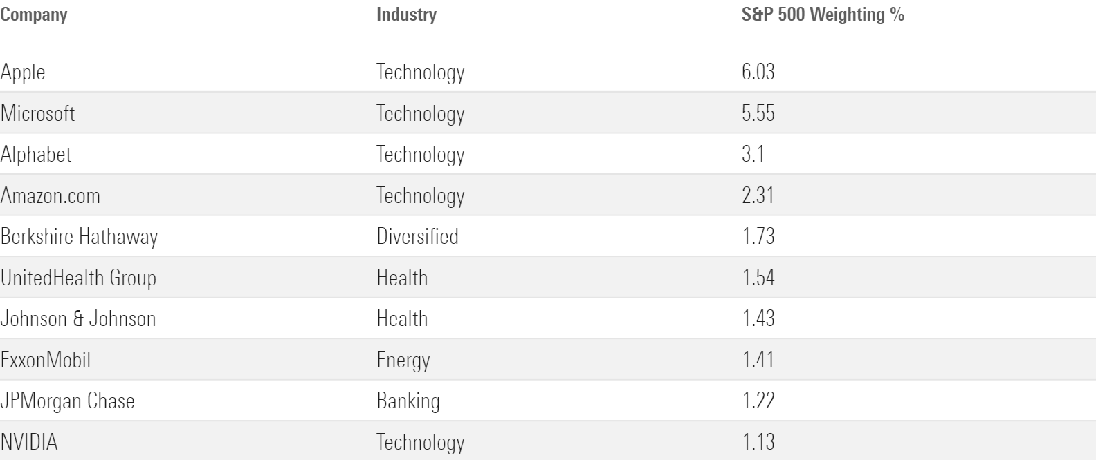 Table listing the top 10 constituents of the S&P 500 at the end of 2022
