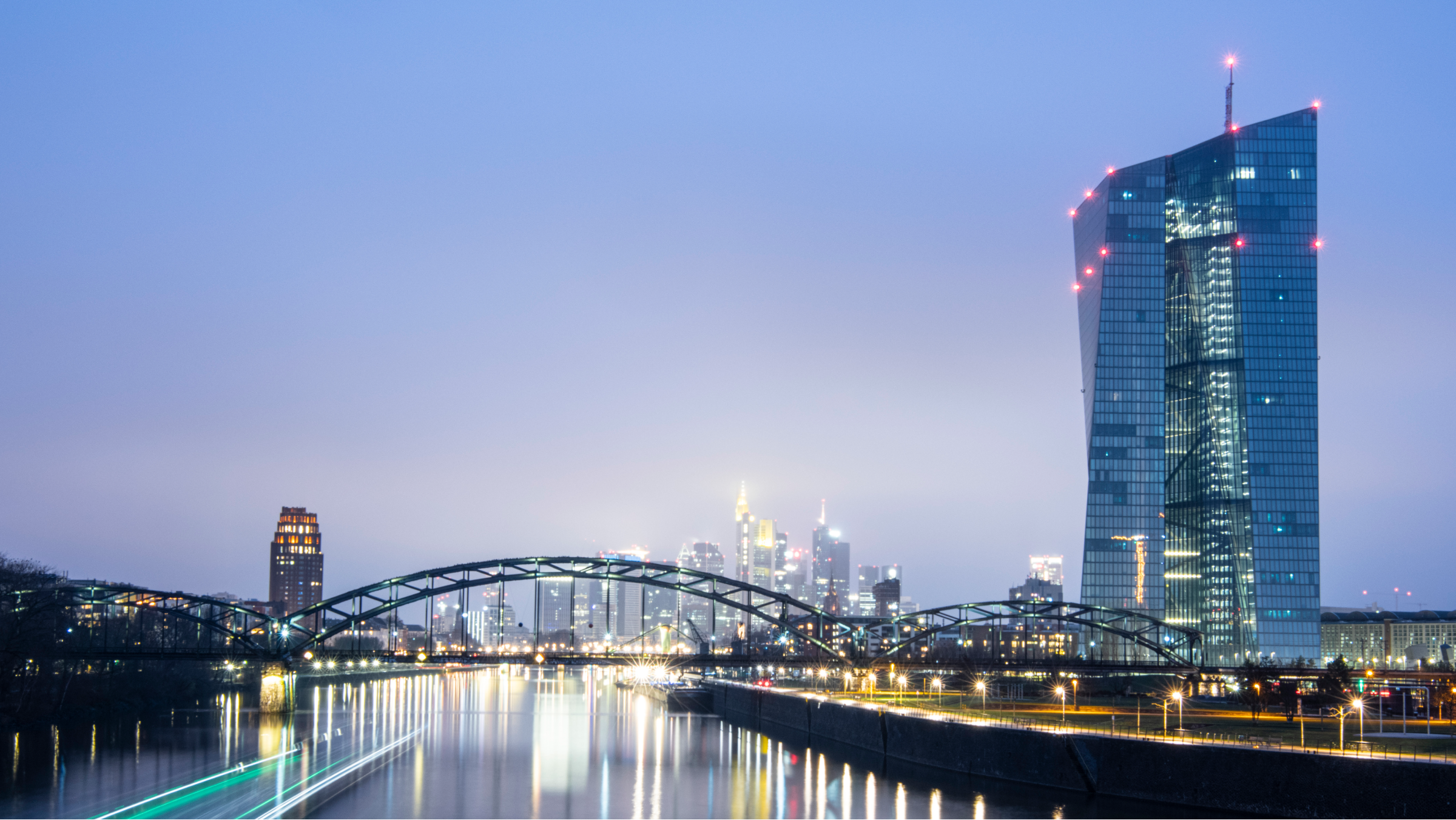 Frankfurt’s banking skyline with the European Central Bank tower in view.