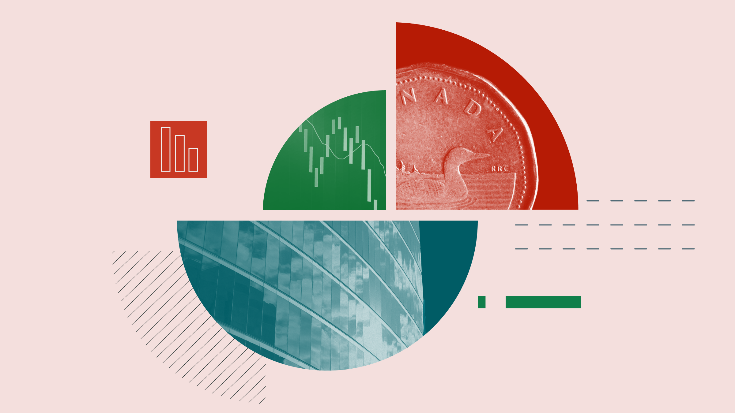 Collage illustration featuring a one-dollar Canadian loonie coin, a ticker board showing a negative market trend, and an office building.