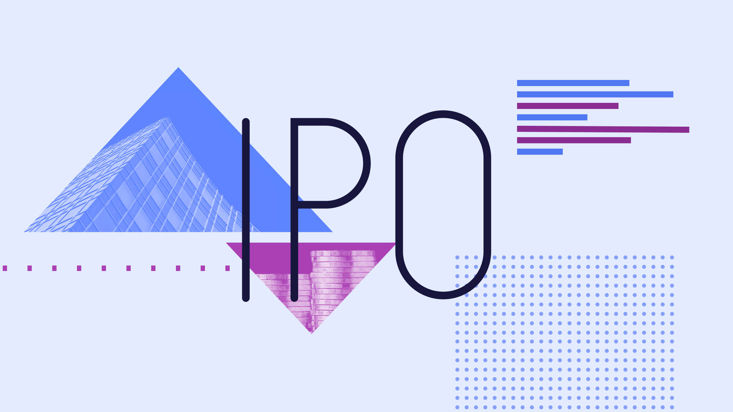 Illustrazione a collage con "IPO" al centro, circondato da triangoli rivolti verso l'alto e verso il basso, con immagini di un edificio e di monete.