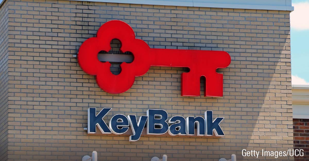 KeyBank logo sign displayed on storefront building