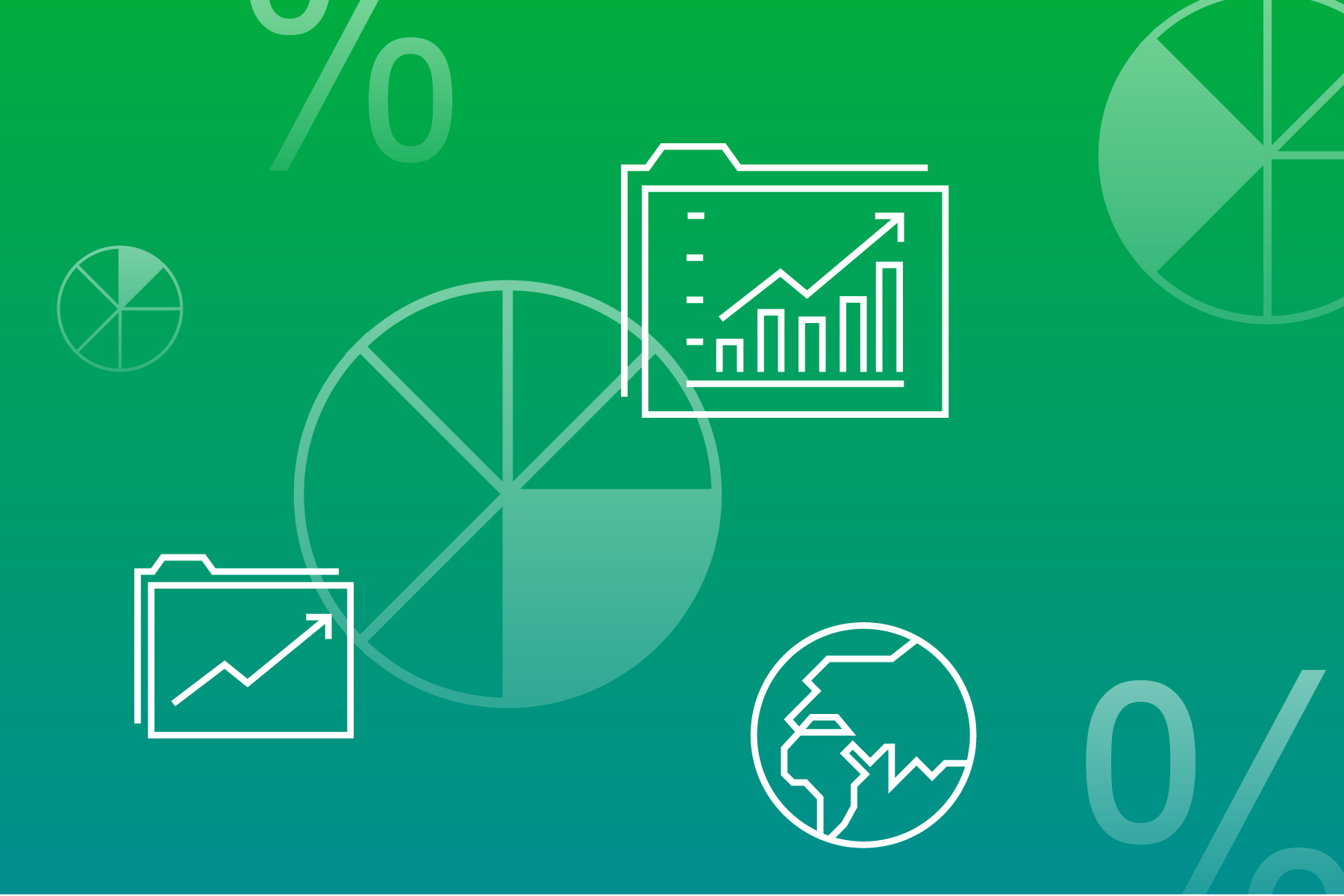 Photograph of two portfolios and a globe on a green background with pie charts