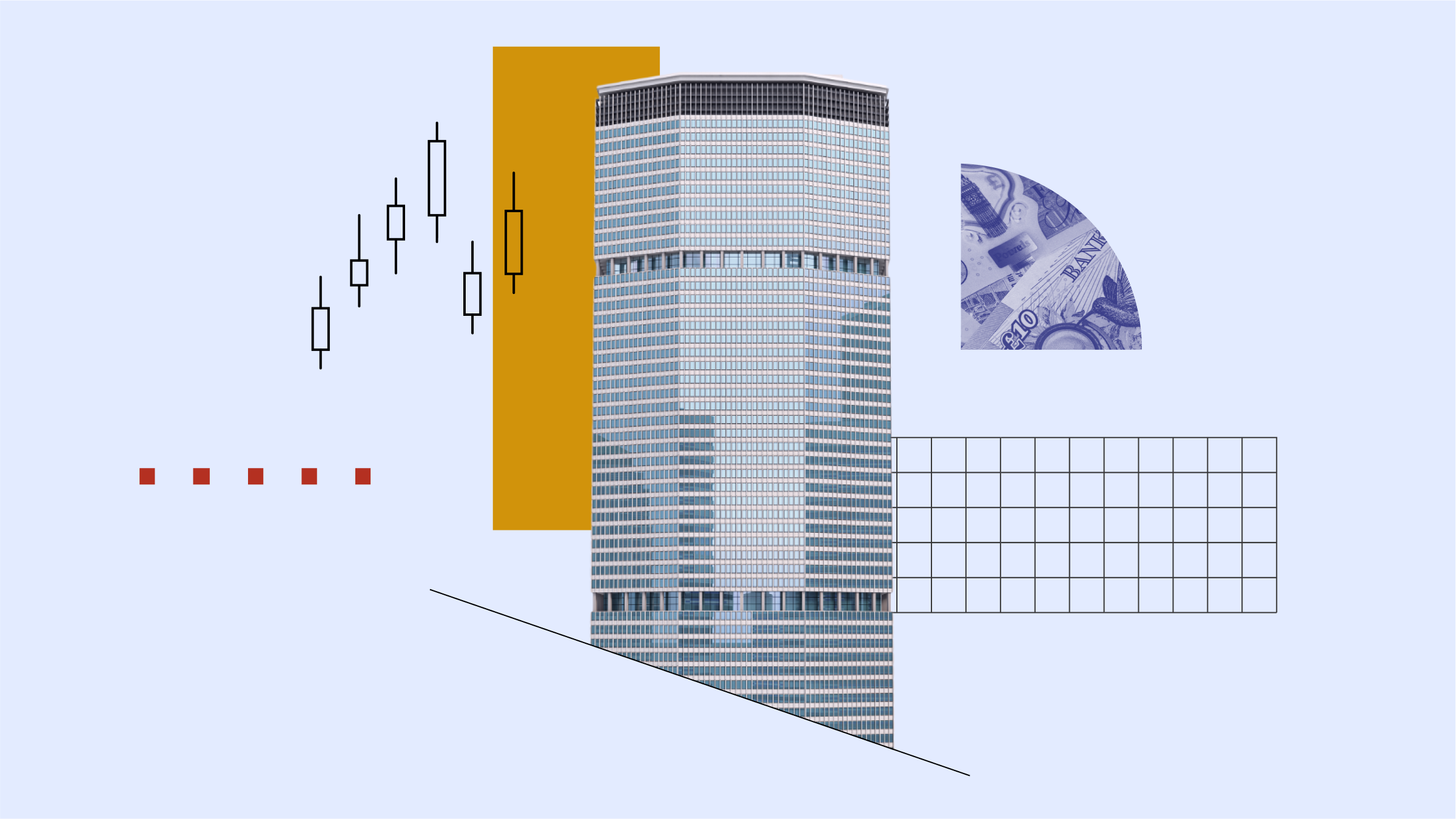 Illustration de collage représentant un bâtiment d'entreprise avec, en arrière-plan, des images de moustaches d'actions et de performances de marché.