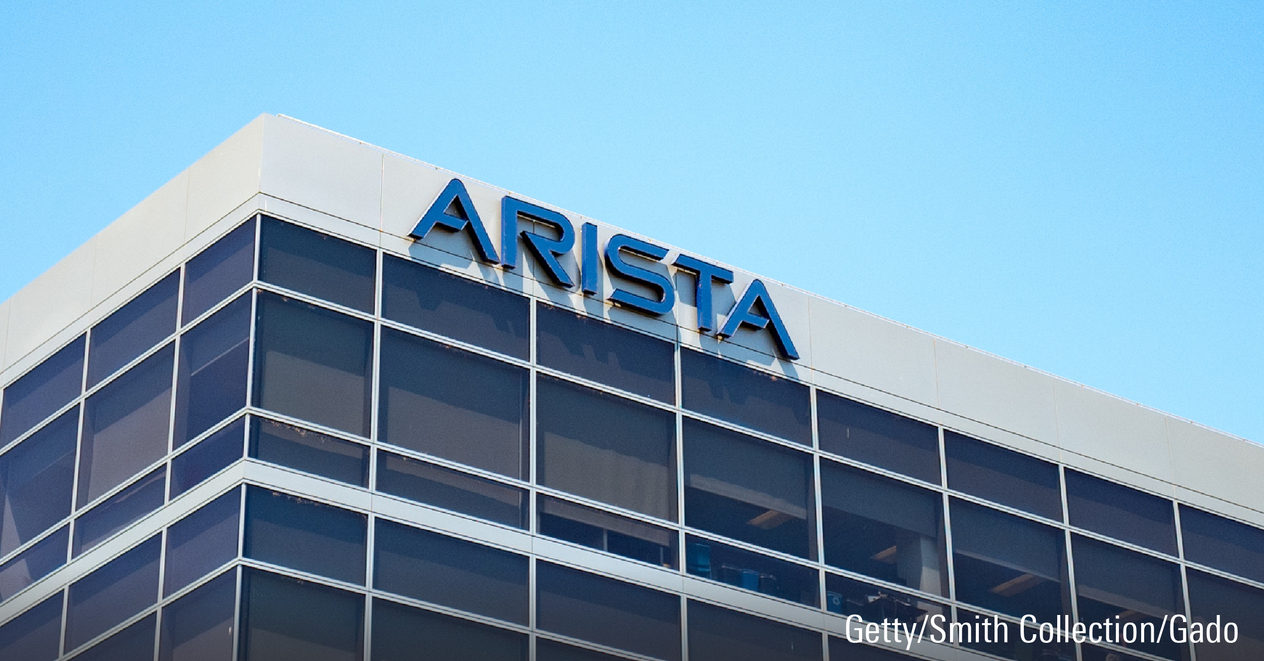 Facade of headquarters with logo and signage for cloud networking company Arista in the Silicon Valley town of Santa Clara, California, July 25, 2017.