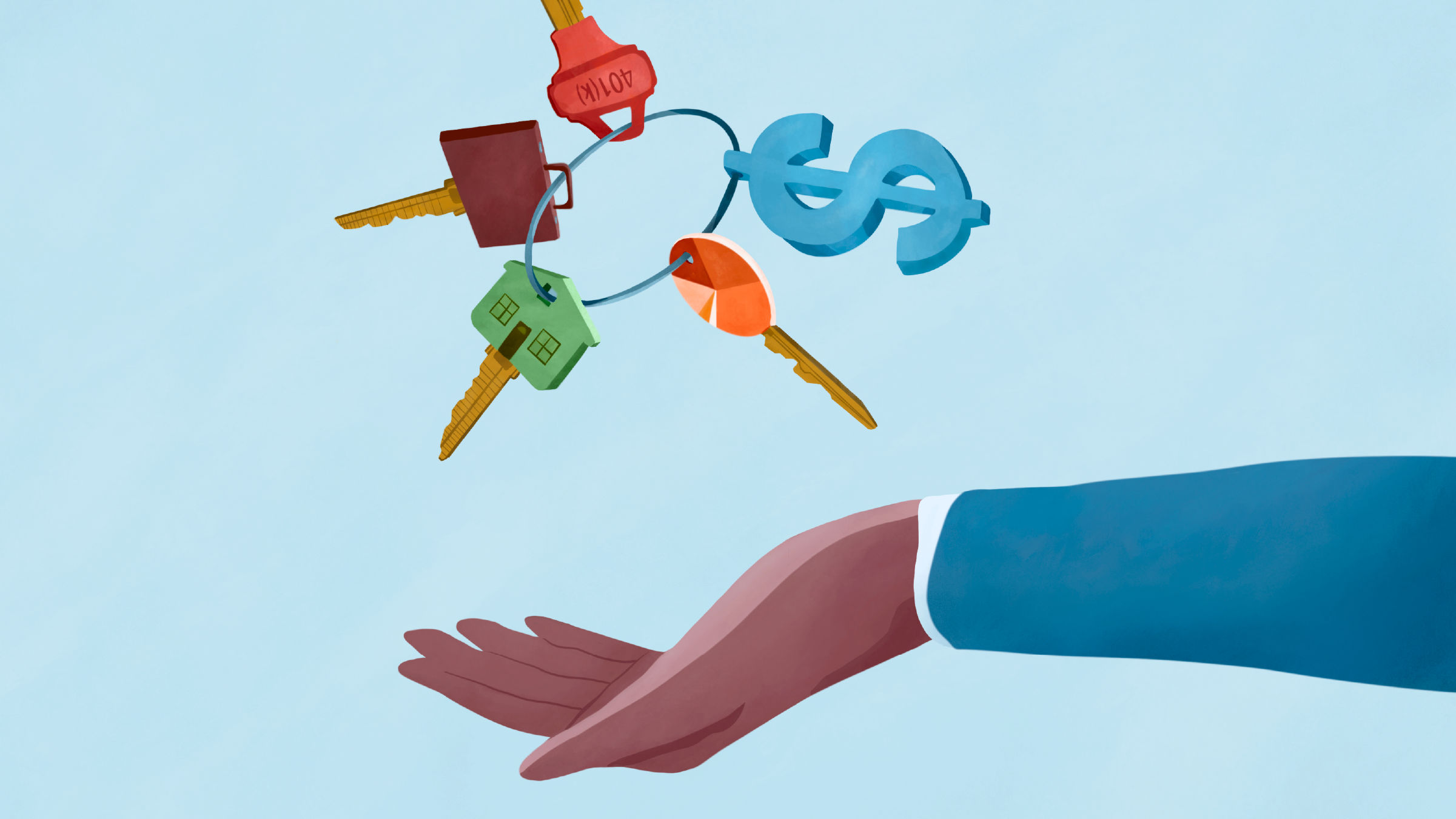 An illustration capturing the moment keys, each representing a rule of thumb, gently falling onto the open palm of an investor.