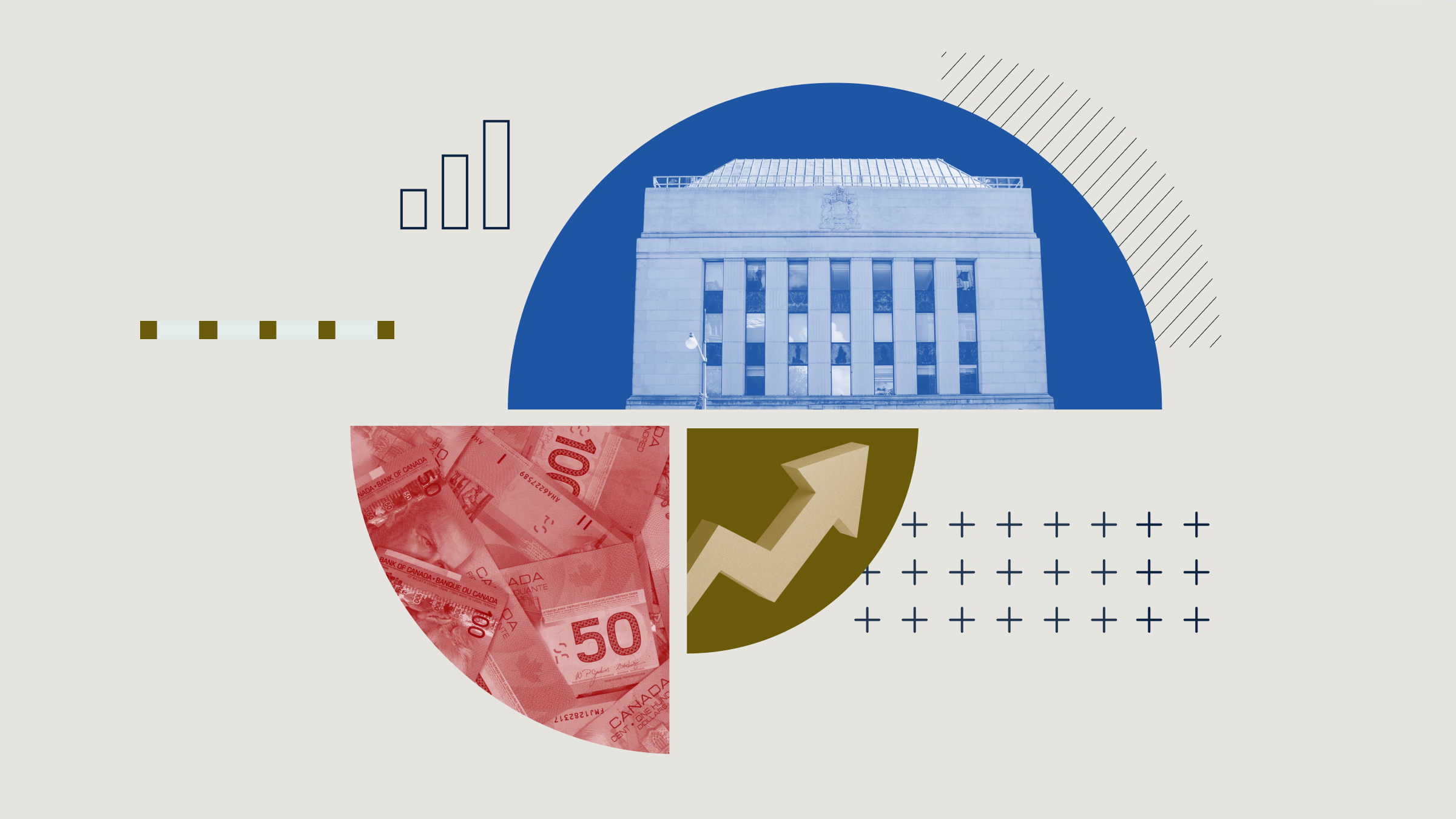 Collage illustration of a pie chart with images of the Bank of Canada, an upward arrow, and banknotes.