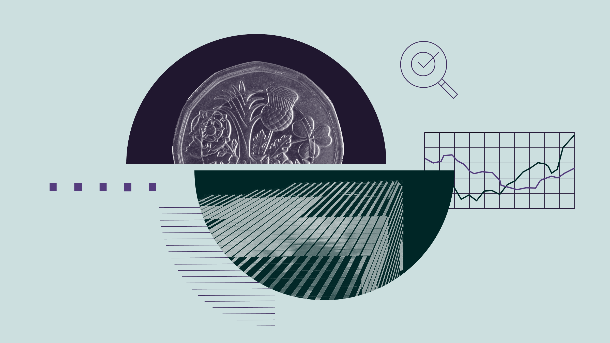 Collage illustration featuring a sterling coin, a city skyscraper, and abstract graphical elements.
