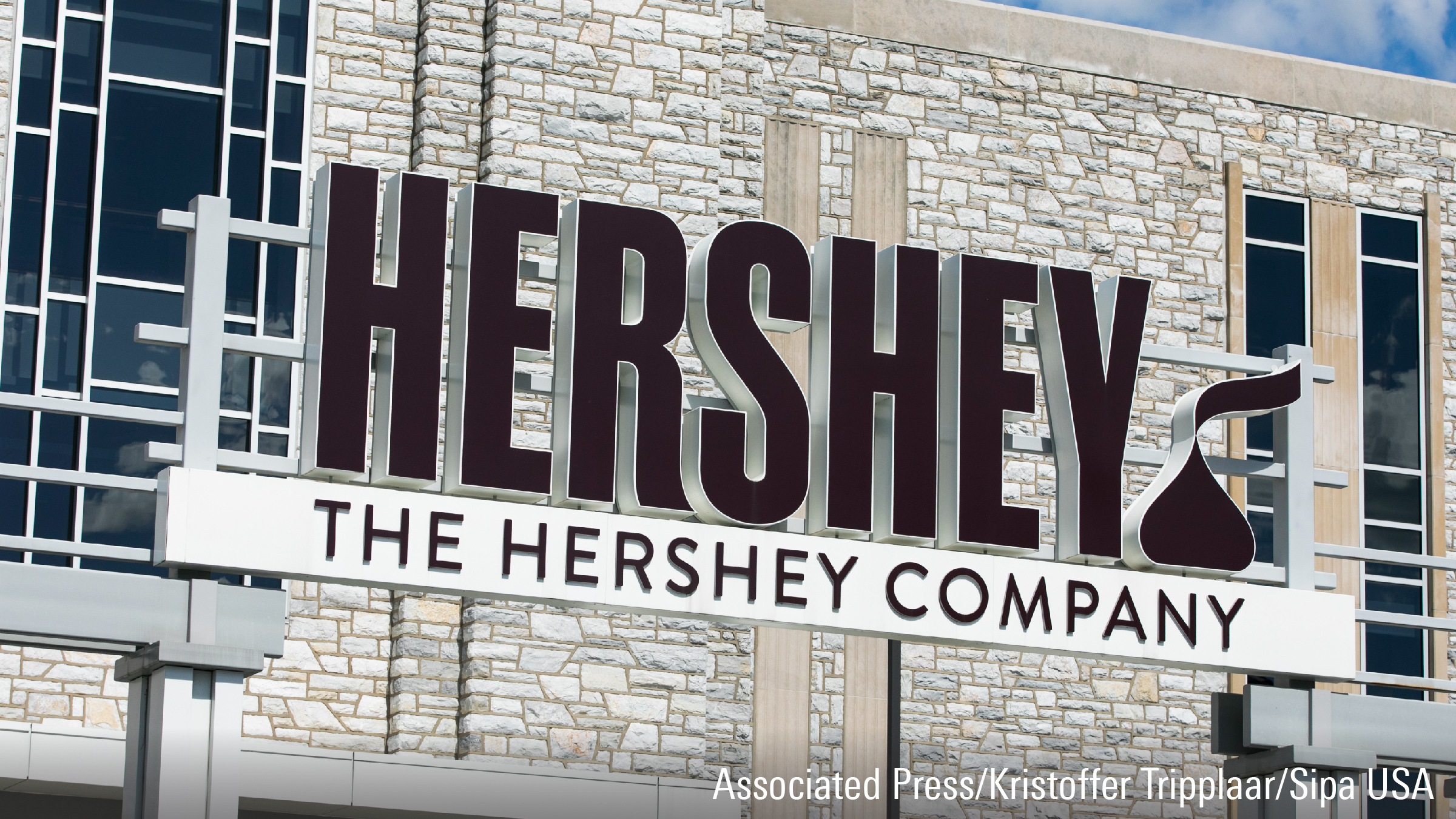 A logo sign outside of the headquarters of The Hershey Company (Hershey's) in Hershey, Pennsylvania on May 4, 2020.