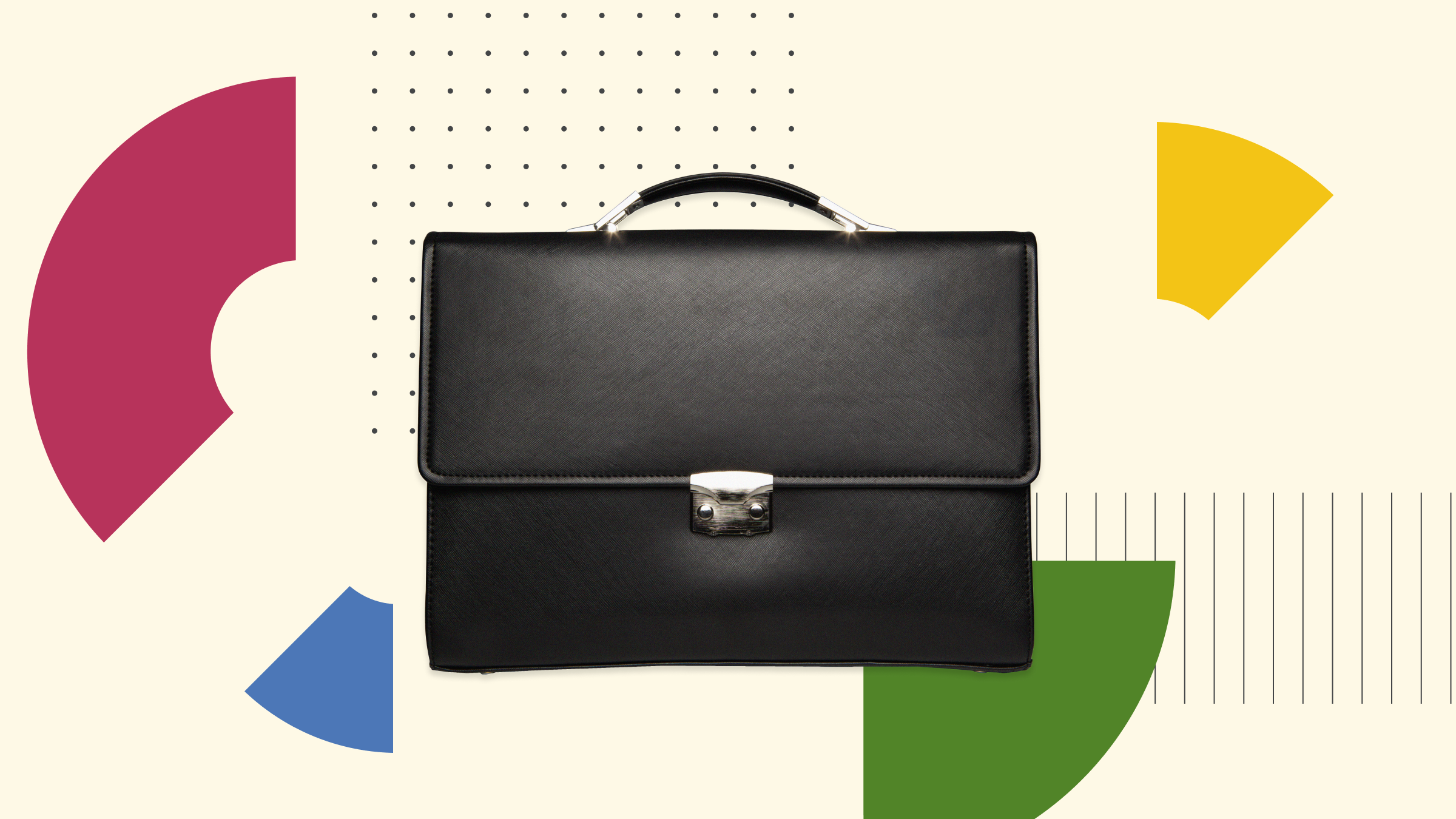 Collage illustration with donut chart, graph elements, and a briefcase at the center