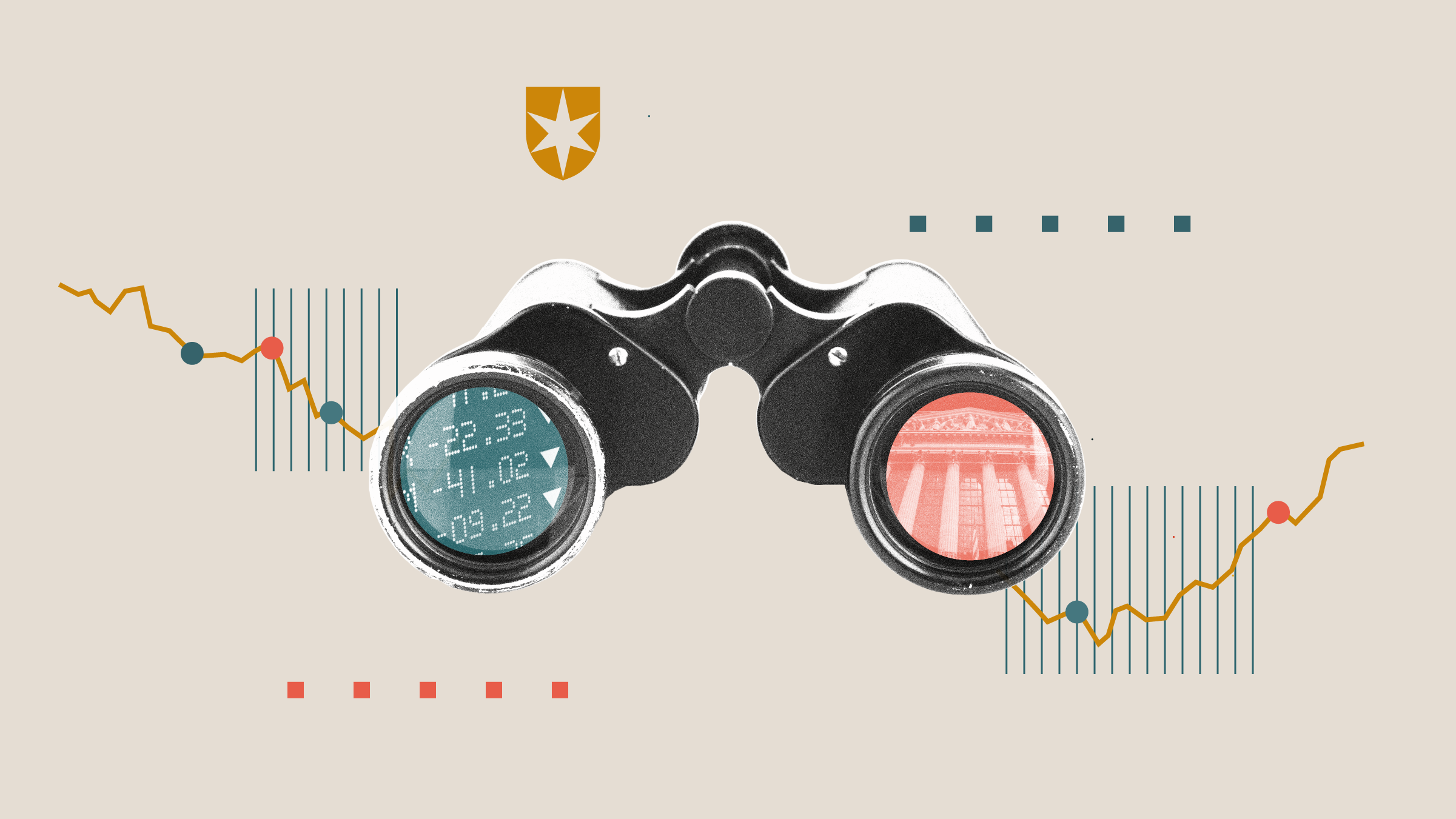 Illustration od binoculars with graphical elements and time series graph in the background