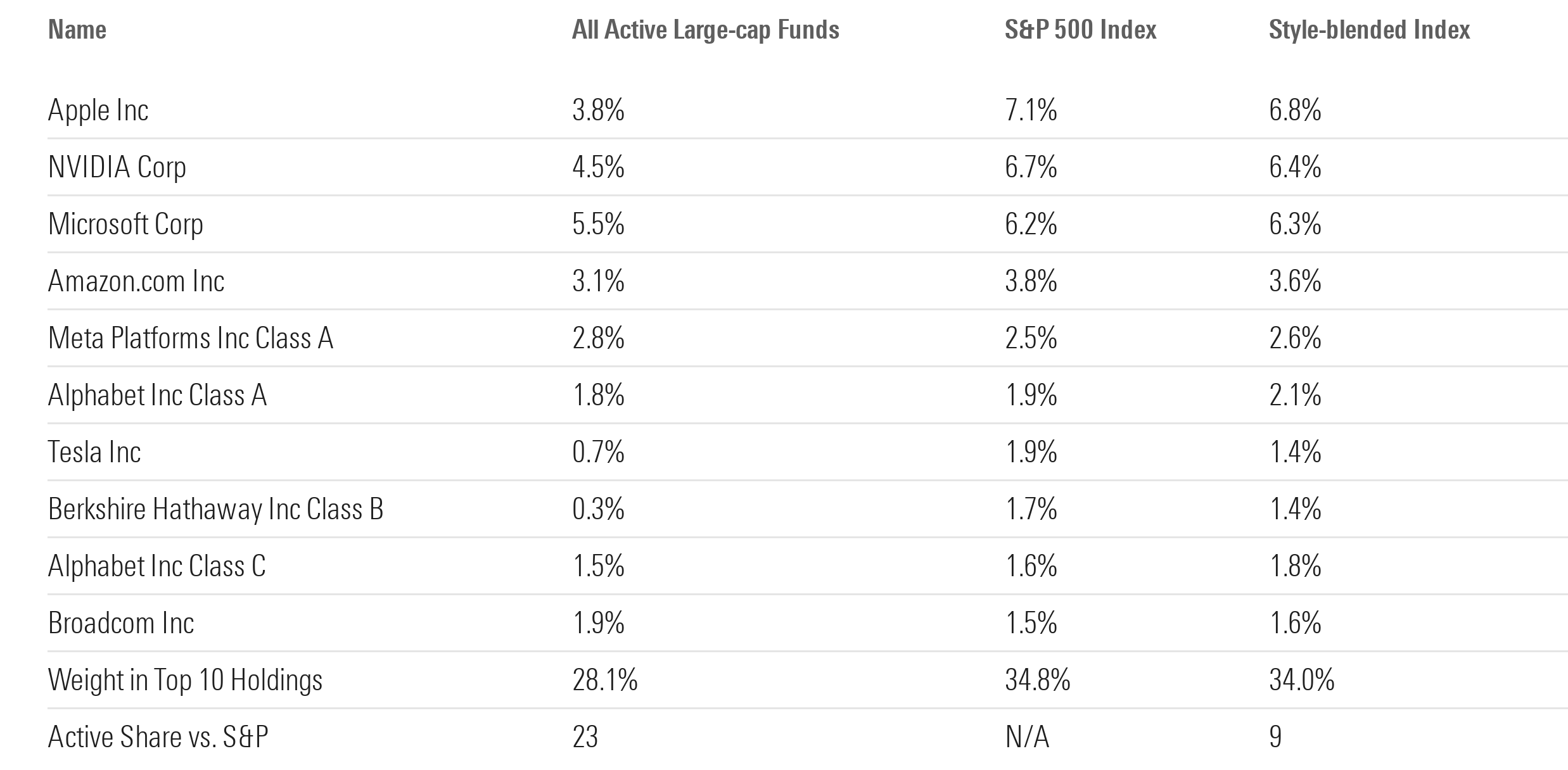 A table comparing active large-cap funds' aggregate weights in the S&P 500's top-10 constituents, showing the weightings were similar between them.