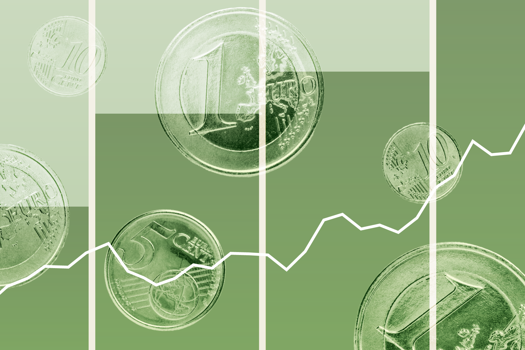 Photo collage illustration of bar graphs with floating euro coins