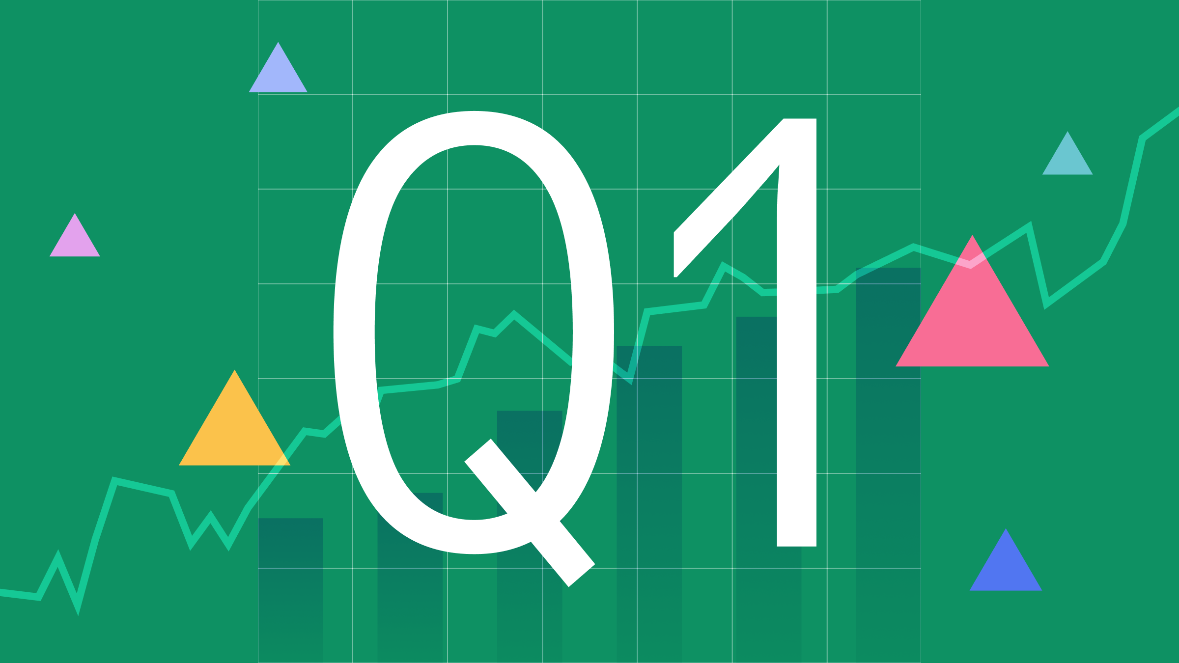 Illustration of chart elements on a green background with 'Q1' at the center, showing a positive quarter