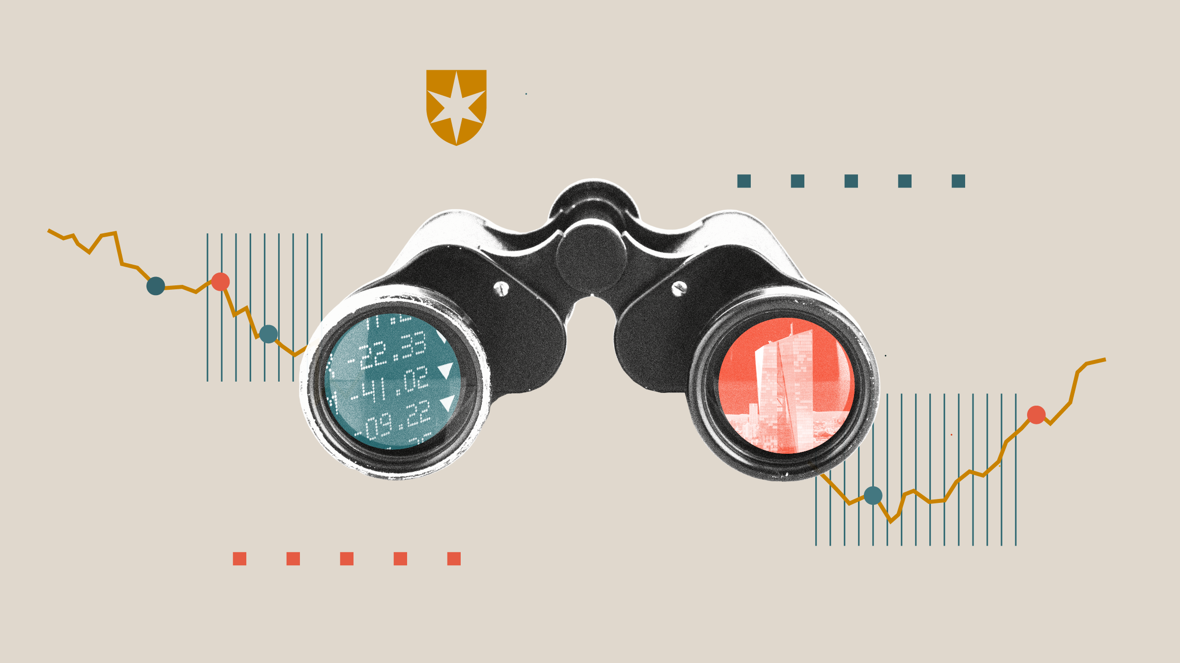 Illustration on binoculars with graphical elements and time series graph in the background