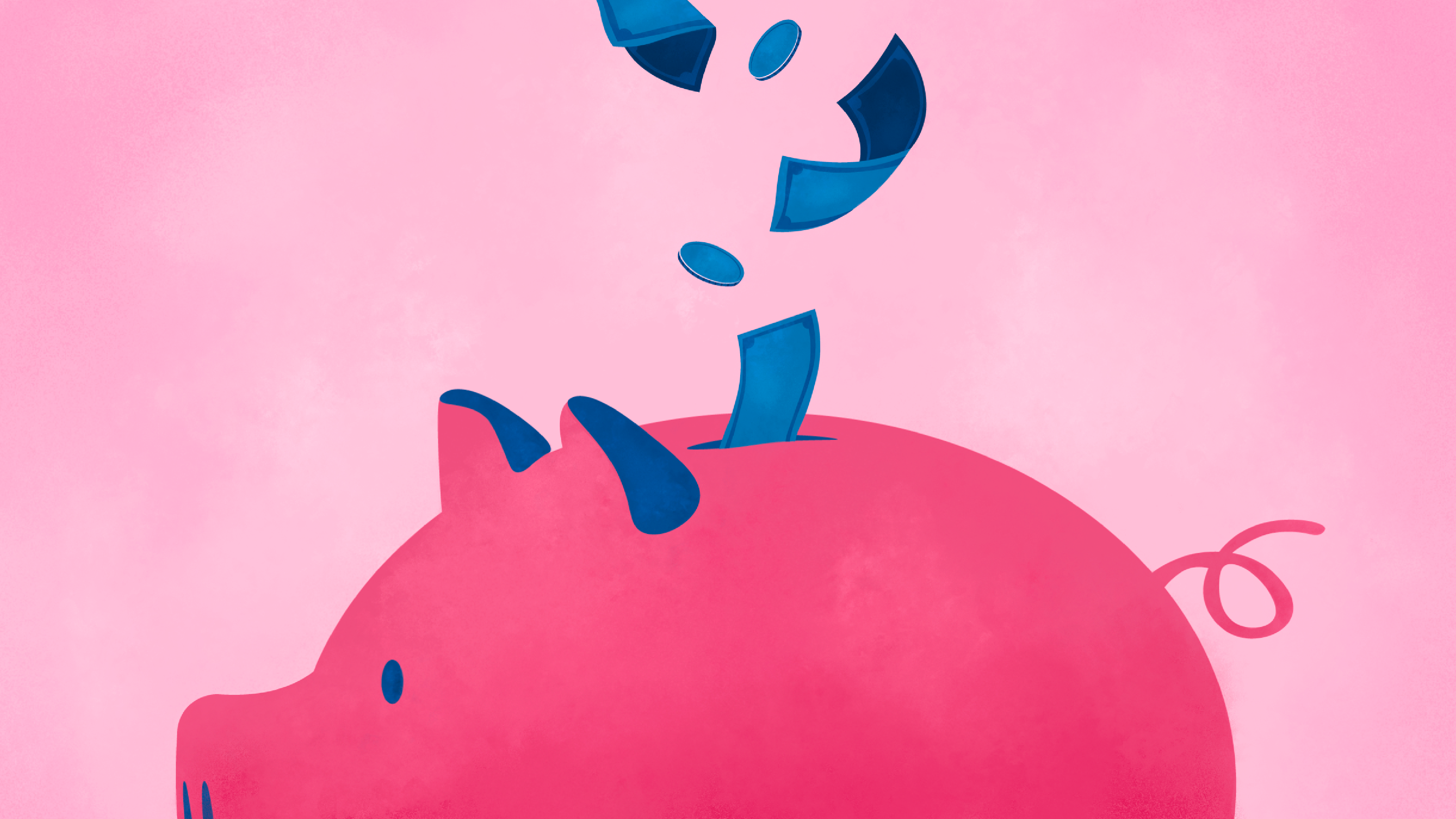 Illustration of piggy bank with bills and coins floating into the slot