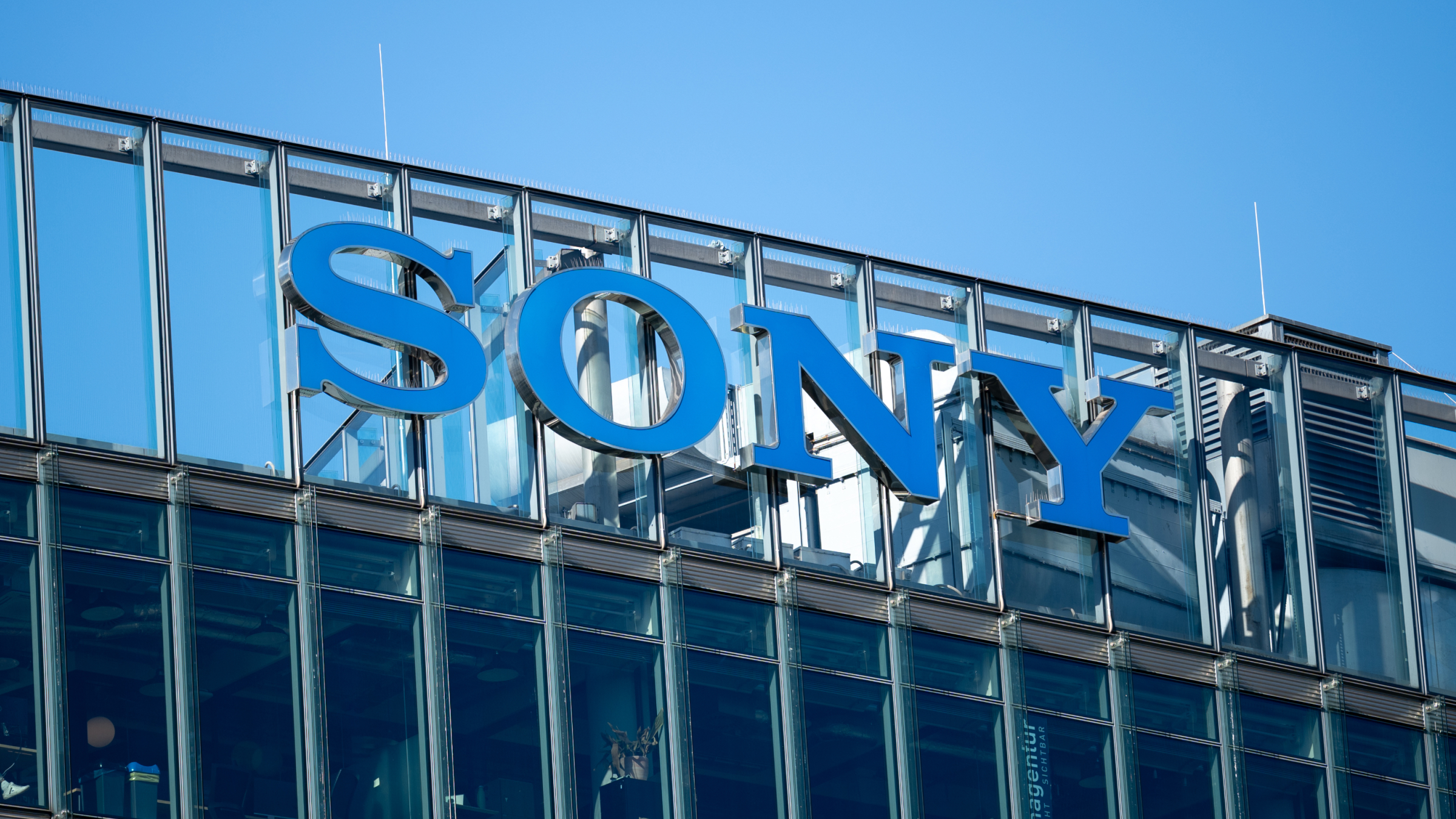 The Sony logo is seen on a company building.