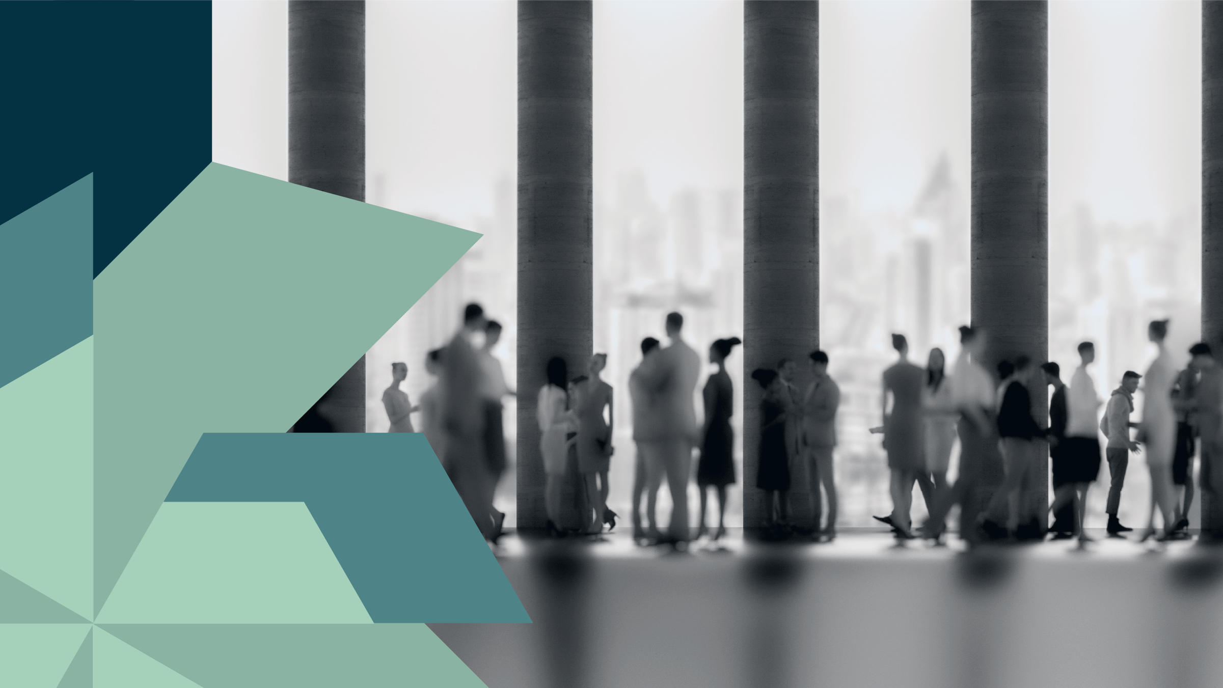Collage-style illustration showing an abstract windmill on the left and a crowd of people conversing photograph.