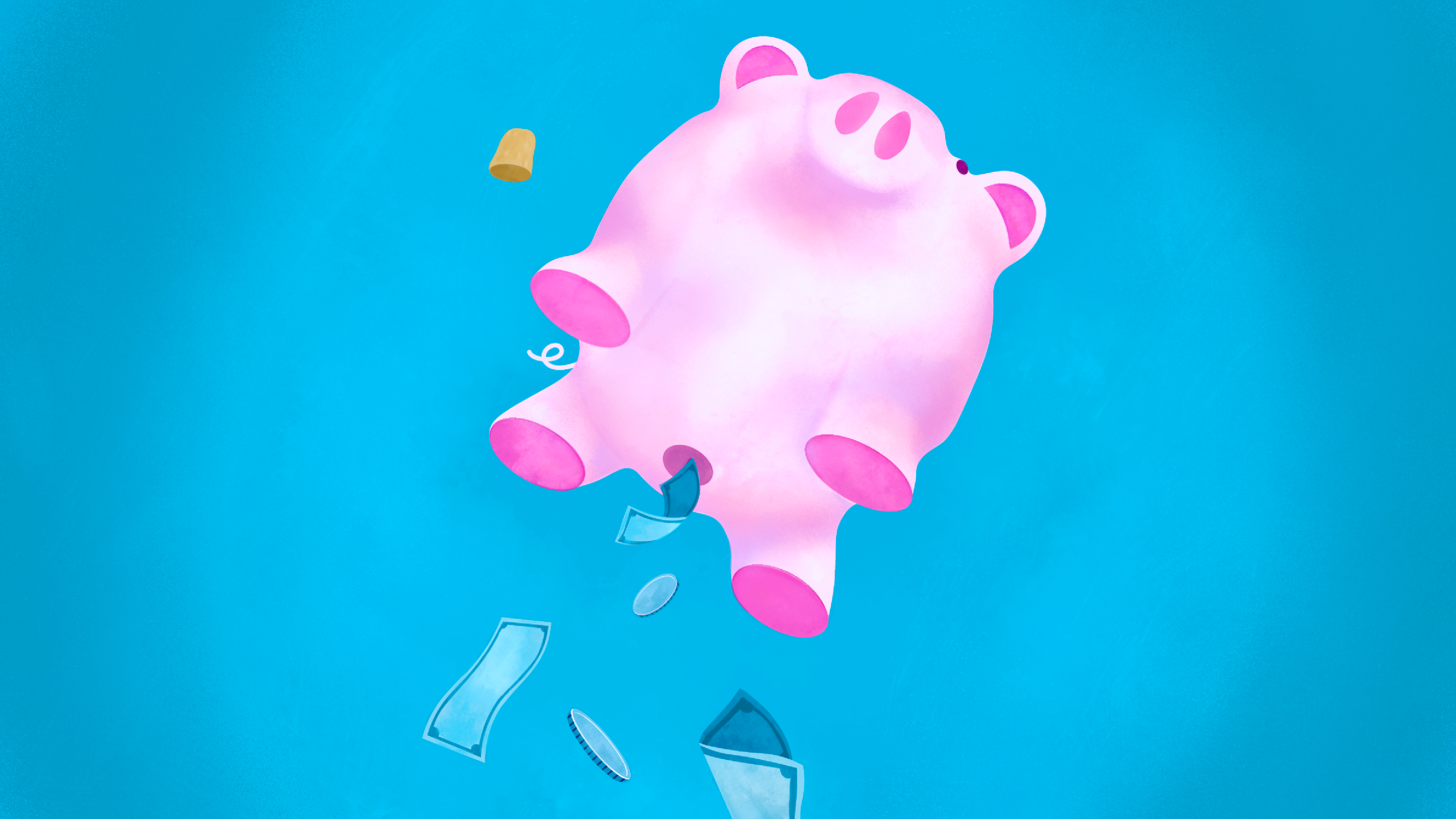 Illustration of a floating piggy bank with cash and coins falling out from the bottom and a floating cork.