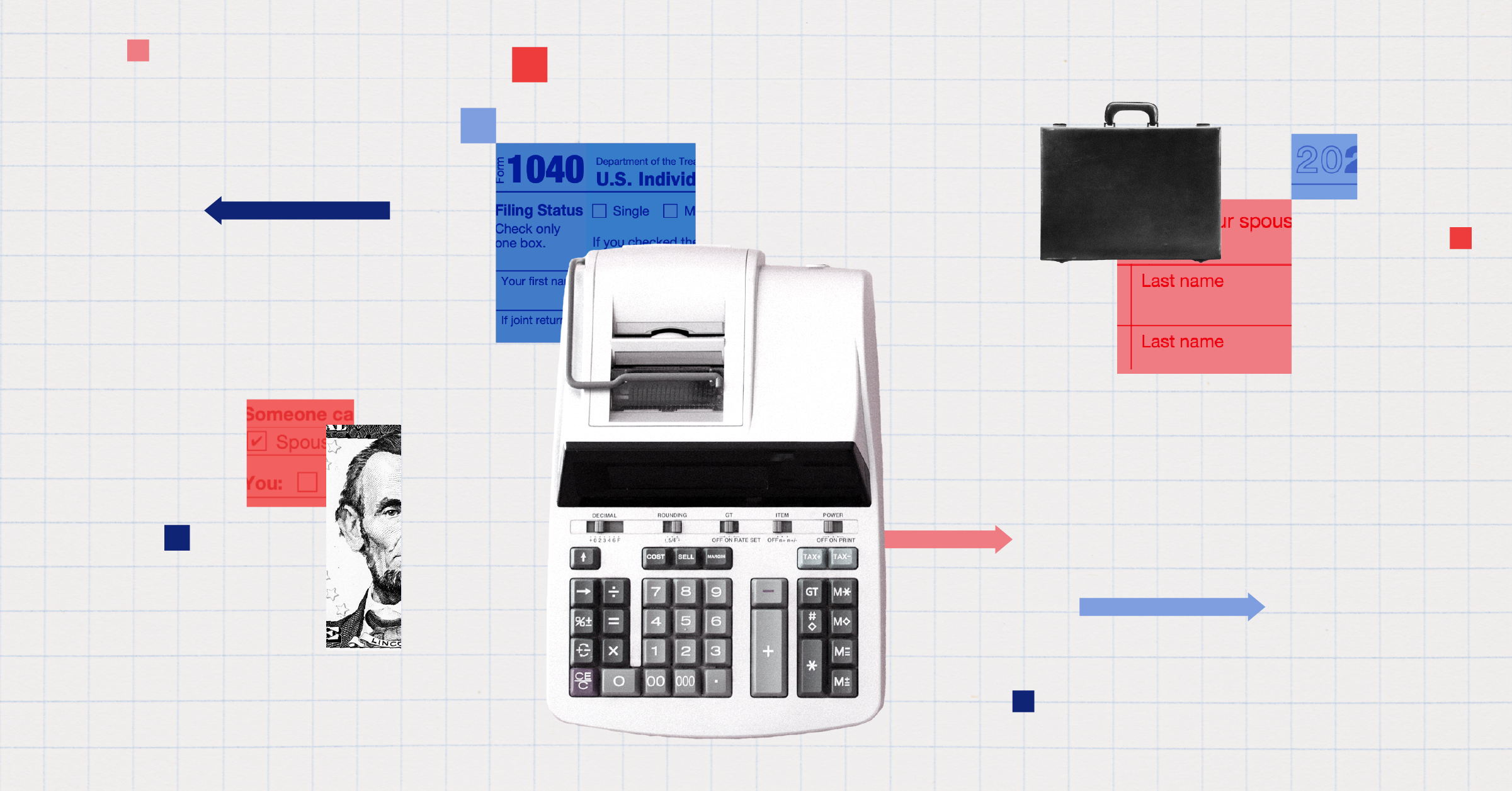 Tax Guide Collage: Calculator, Briefcase, Tax Forms