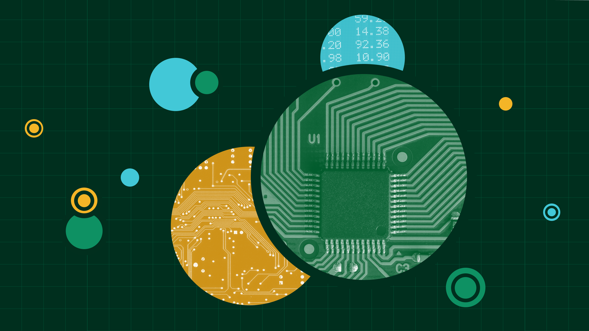 Collage illustration featuring a semiconductors within a scatterplot.