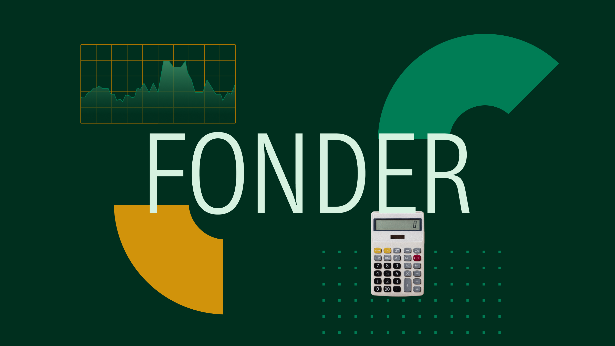 Collage illustration with the text "Fonder" at the center and a portfolio and graphical elements in the background.
