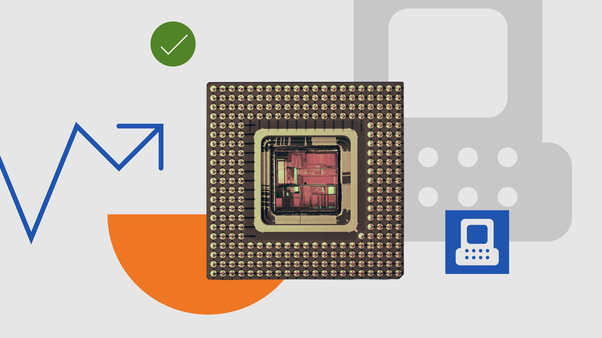 Illustrazione collage per il settore tecnologico con un chip di semiconduttore.