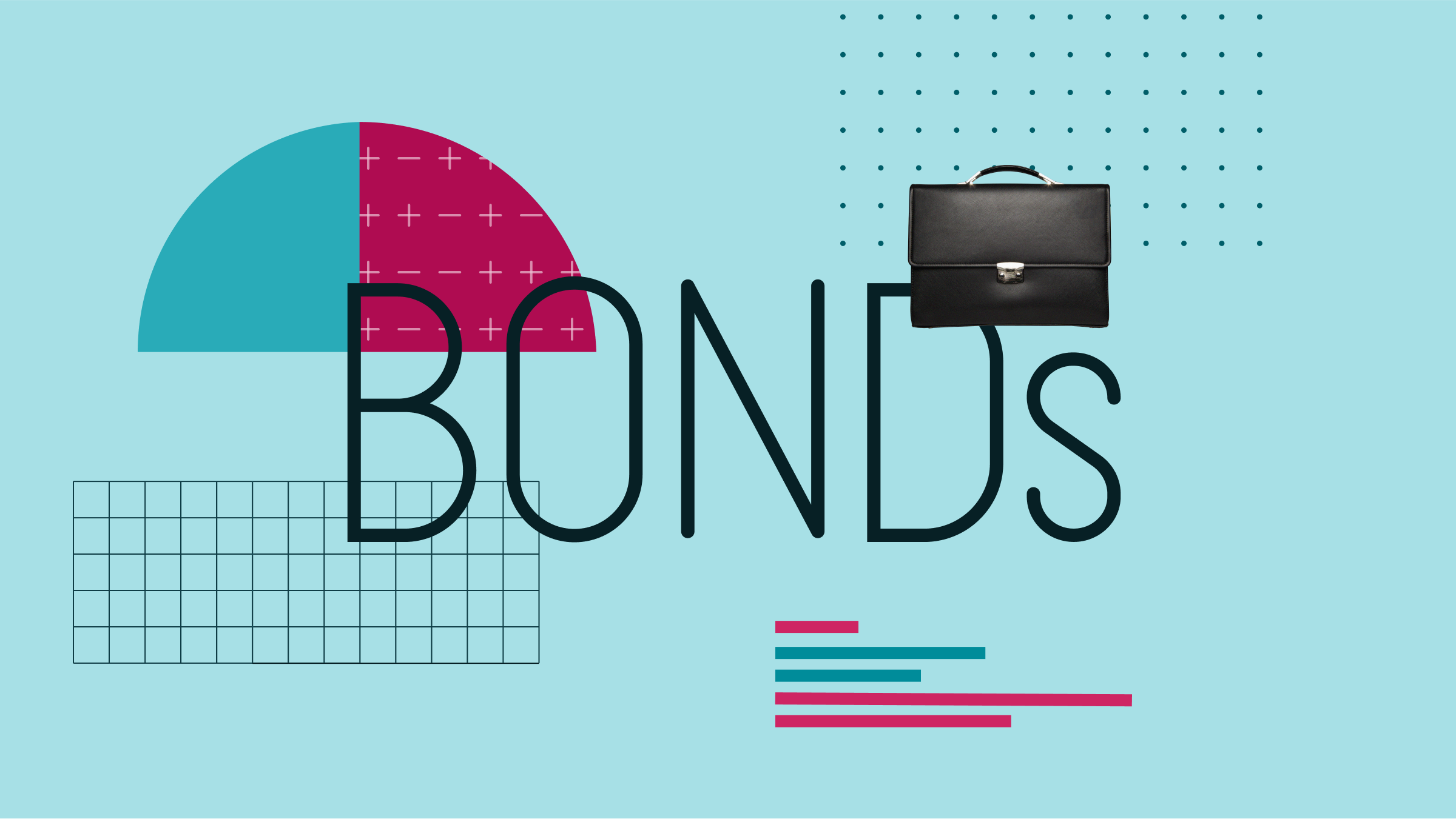 Collageillustration med texten "Bonds" i mitten och en portfölj och grafiska element i bakgrunden.
