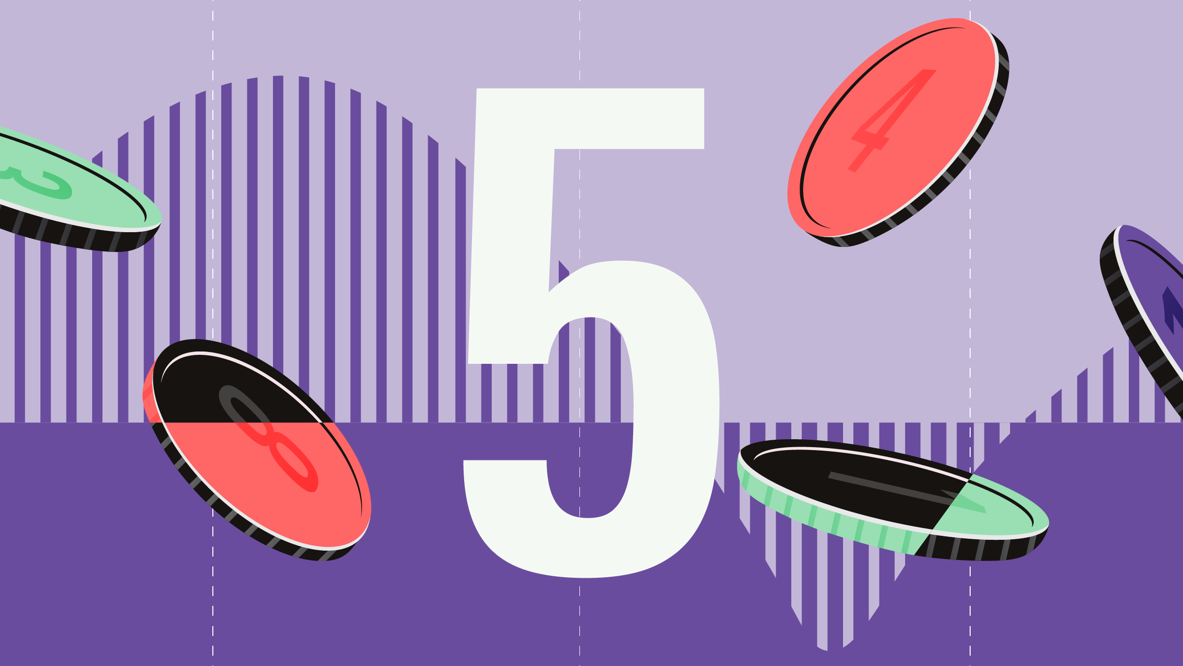 Illustration of generic coins floating over graph with the number '5' in the center