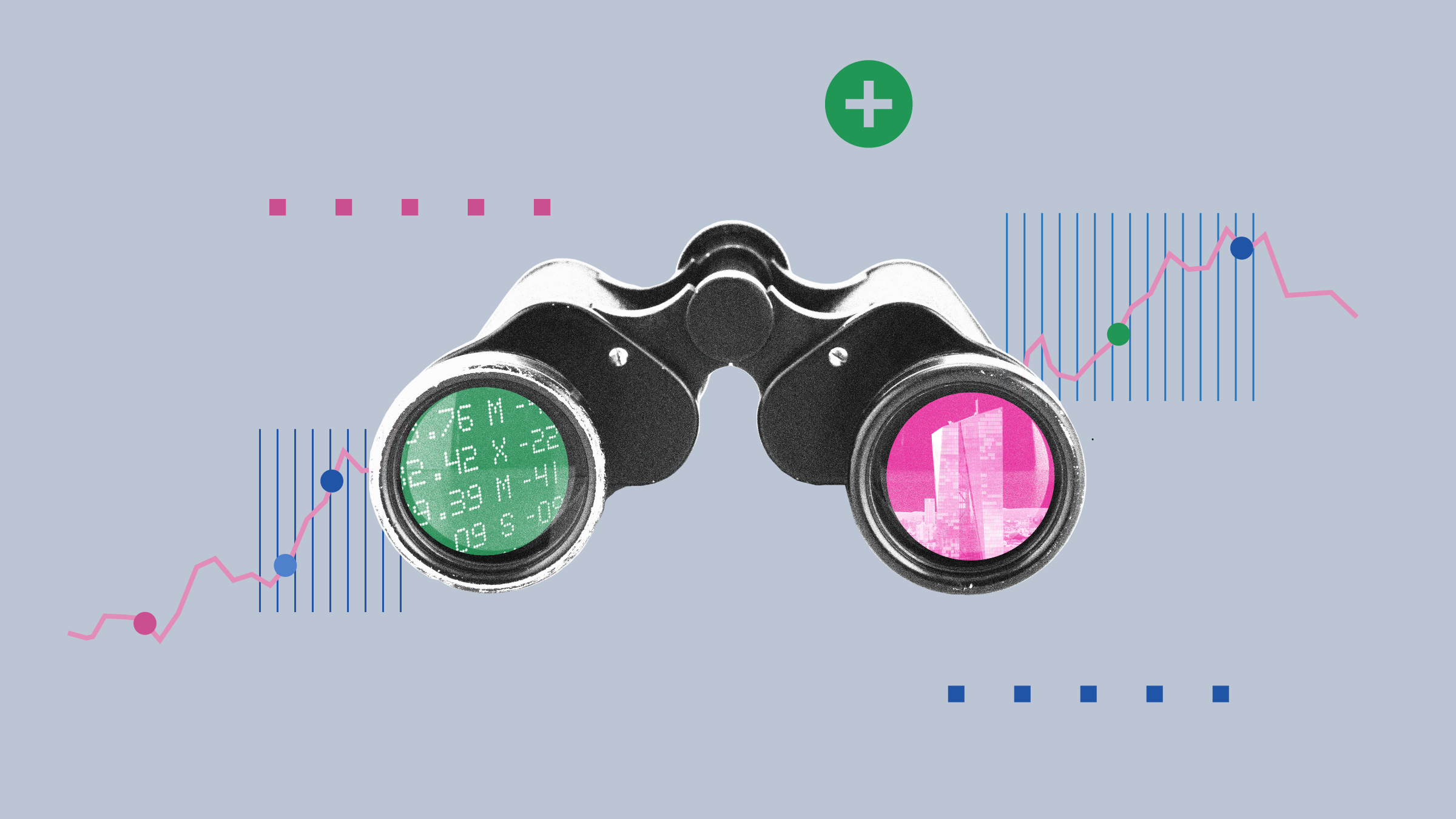 Illustration p&aring; kikare med grafiska element och tidsseriediagram i bakgrunden