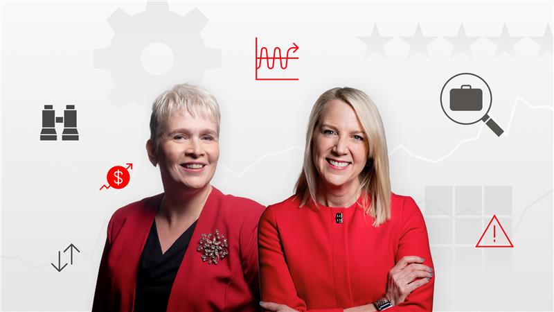 Susan Dziubinski and Christine Benz stand against a financial-themed background with market icons, including binoculars, stock charts, and a magnifying glass.