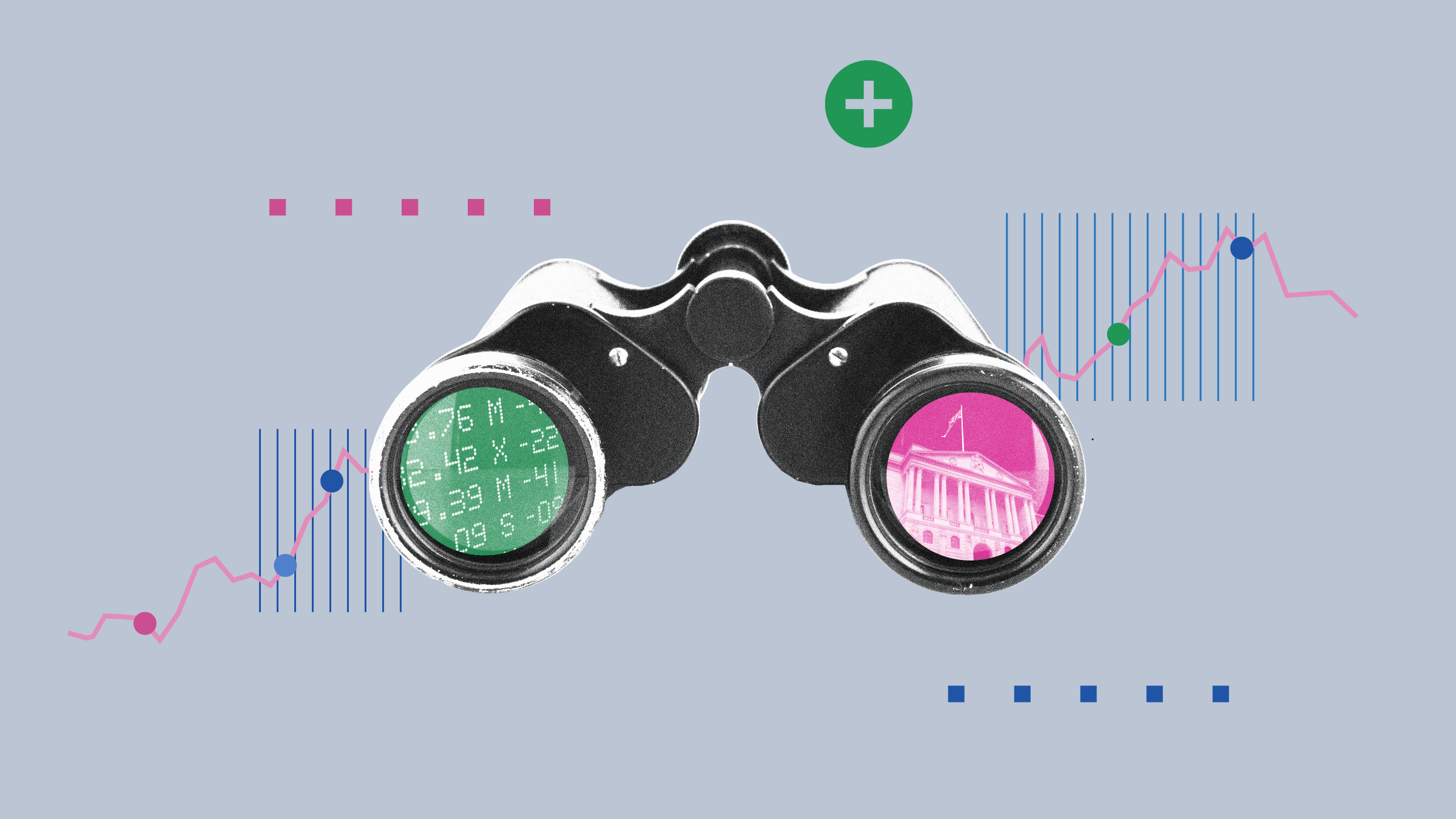 Illustration on binoculars with graphical elements and time series graph in the background