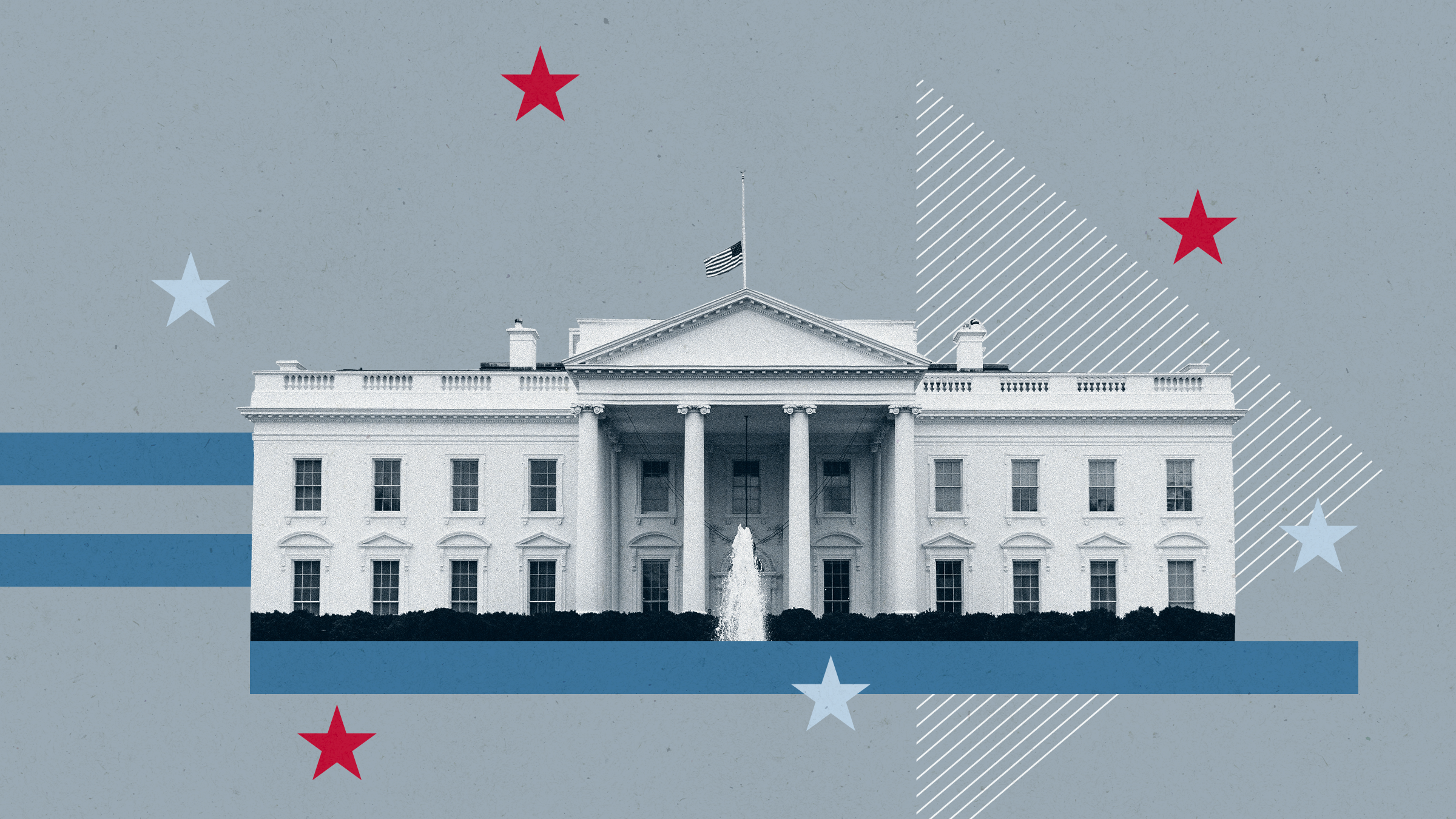 Illustration collage of White House building with stars, strips, and a dollar sign in the background