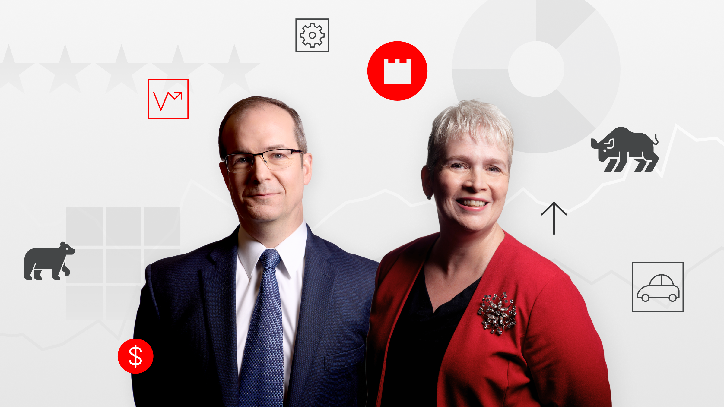 Susan Dziubinski and Dave Sekera stand against a financial-themed background with market icons, including a bull, bear, and stock chart symbols