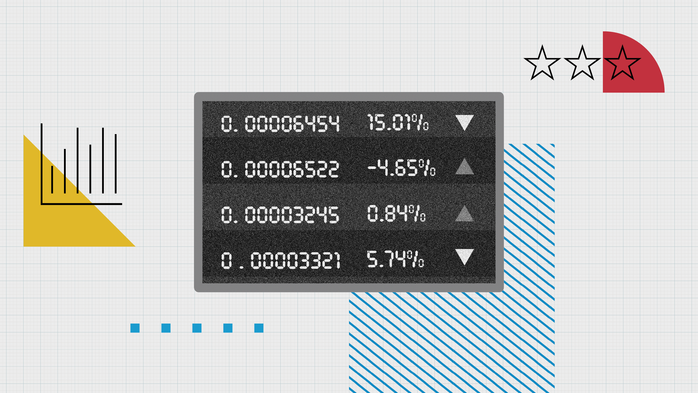 Photo collage of stock ticker table, surrounded by icons and shapes