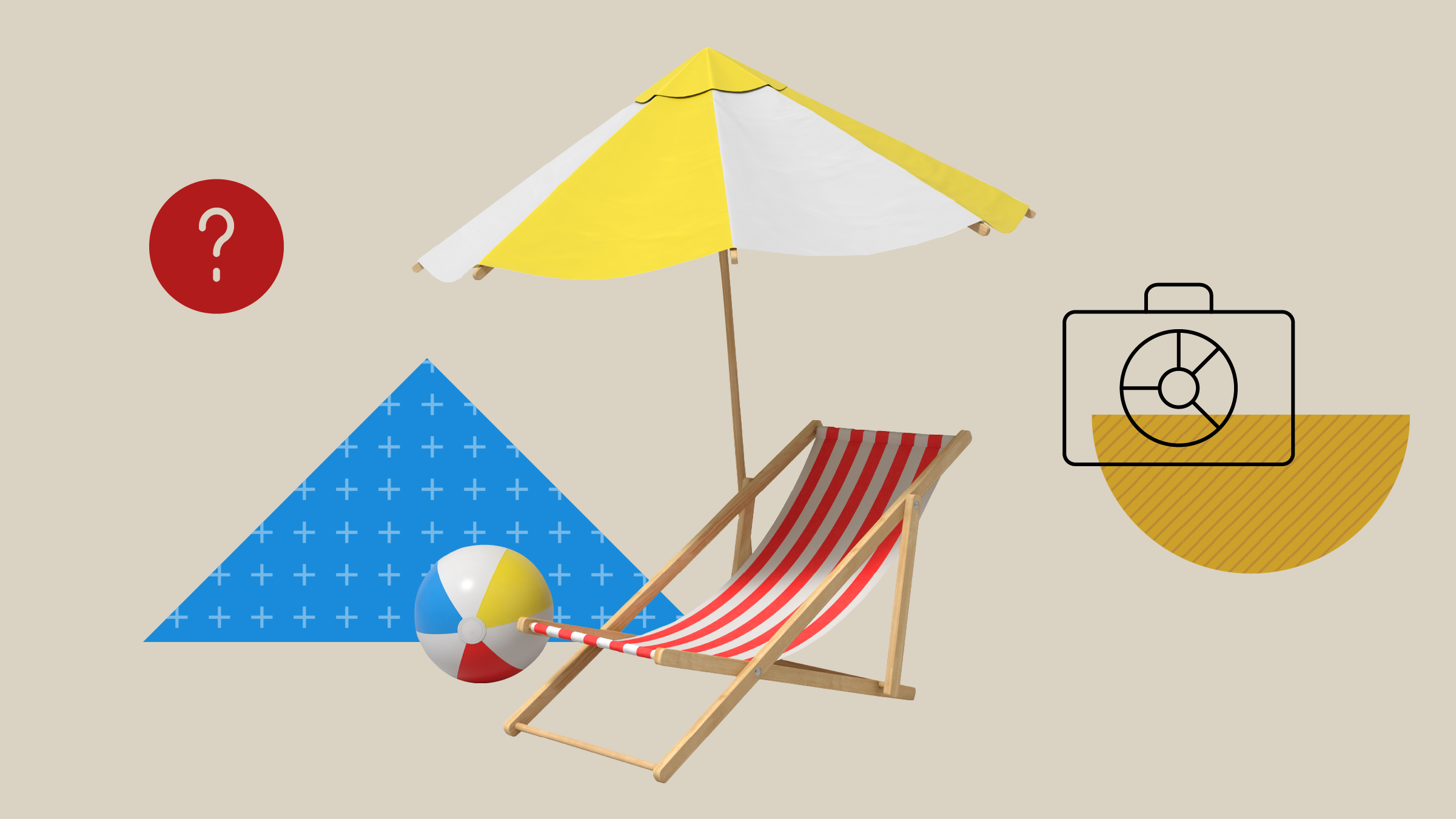 Photo illustration collage of beach umbrella, chair, and ball with shapes and icons floating around it