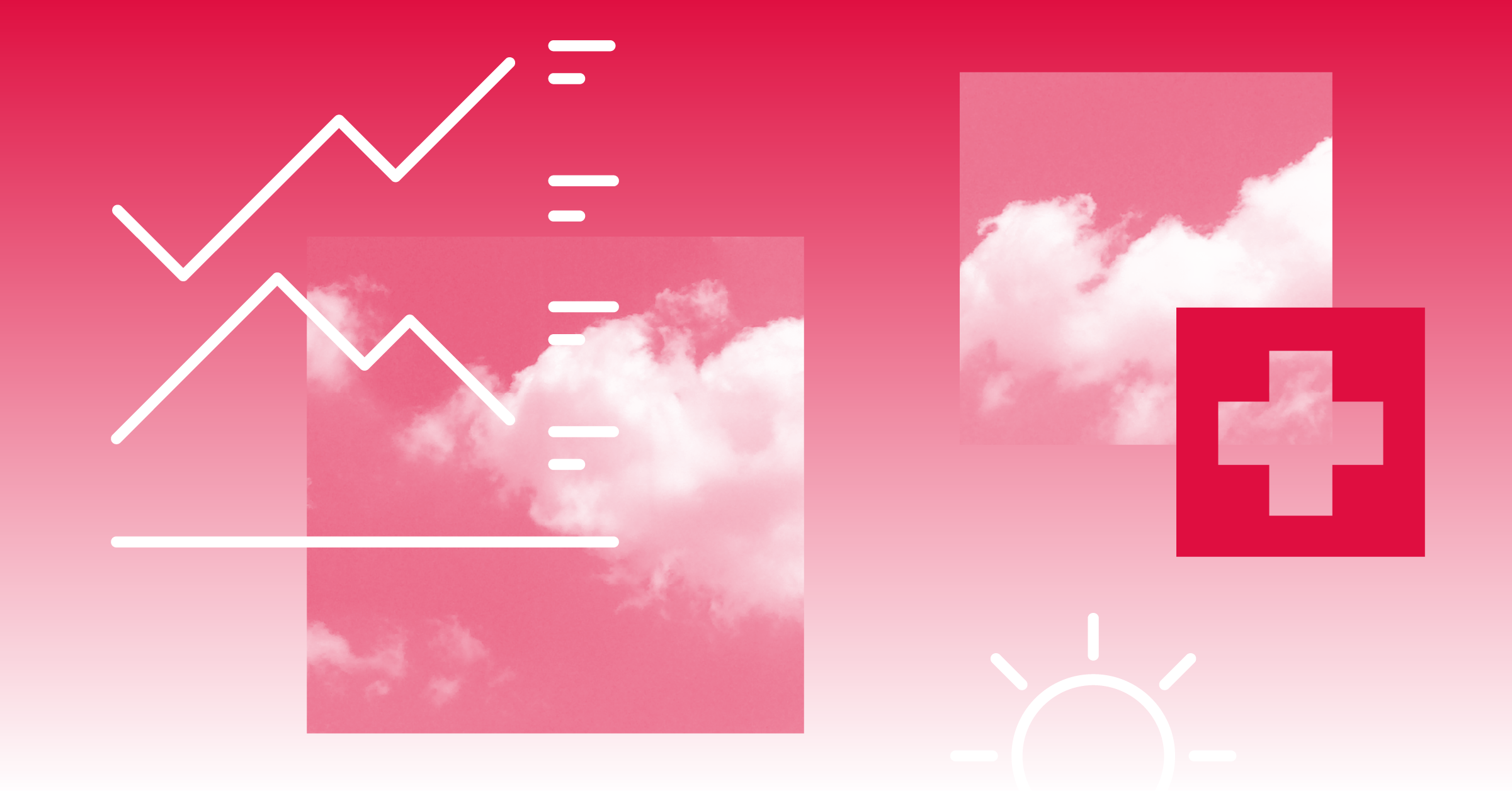 Images of clouds and a stock chart over a red background