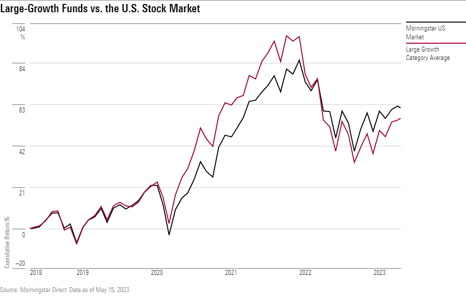 Line chart showing Large-Growth Funds vs. the U.S. Stock Market