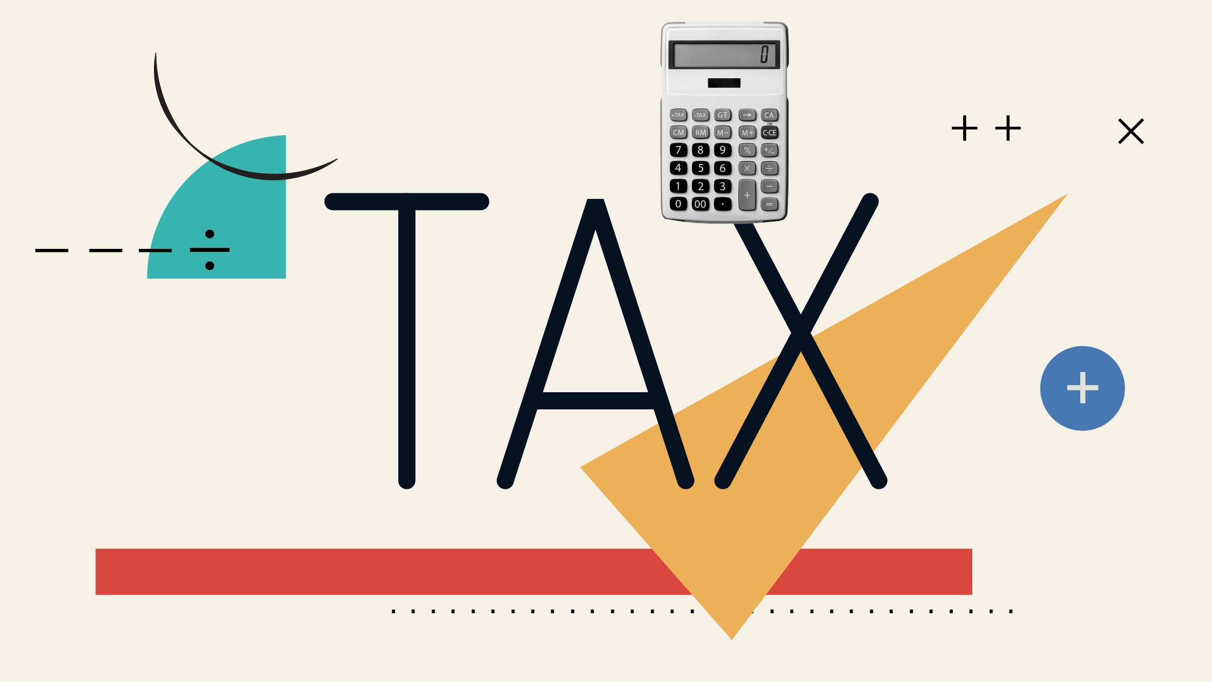 Collage illustration of the word &quot;Tax&quot; with a calculator and geometric shapes in the background.