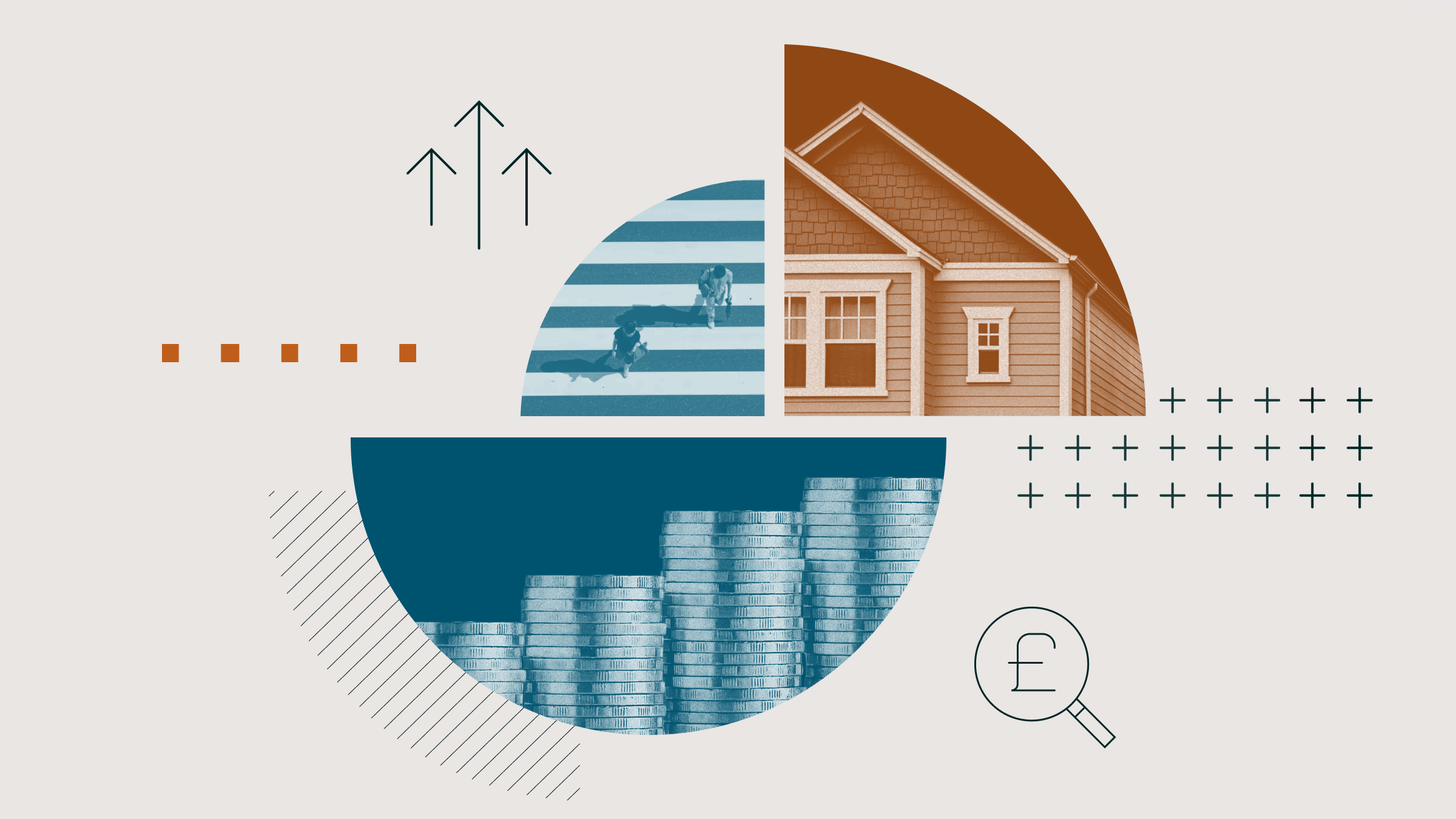 Collage illustration of a pie chart featuring a house, stacks of coins, and people on a crosswalk.