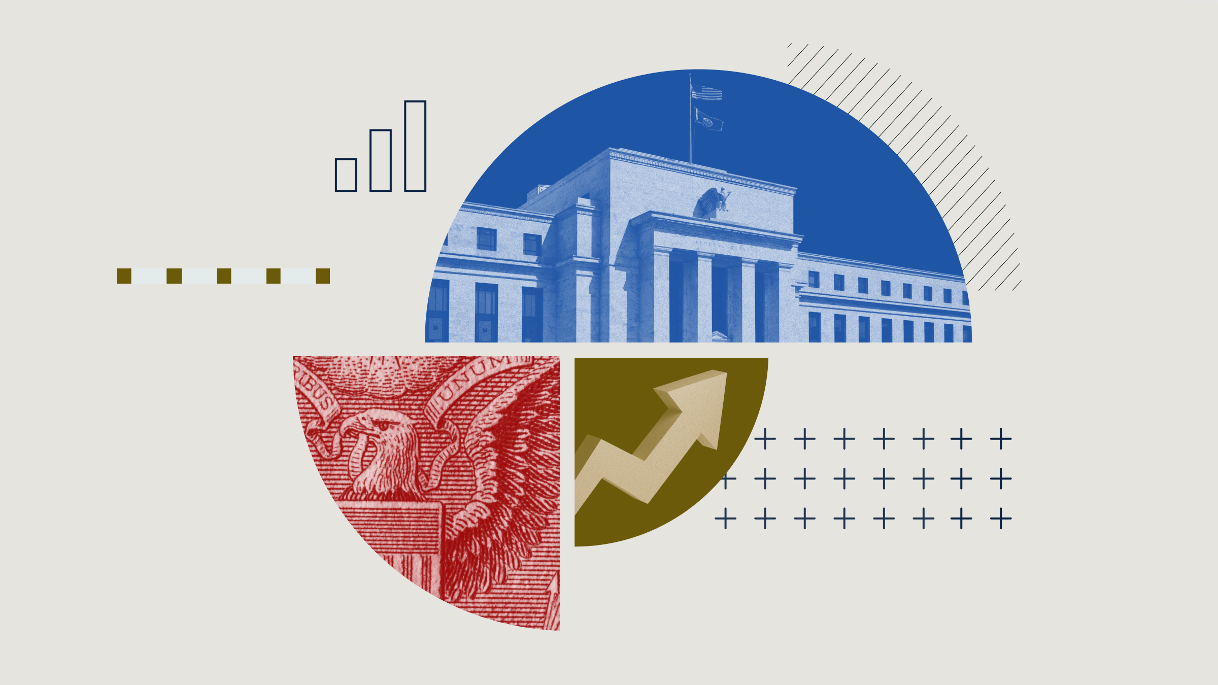 Collageillustration av ett cirkeldiagram med bilder av Federal Reserve, en uppåtriktad pil och sedlar.