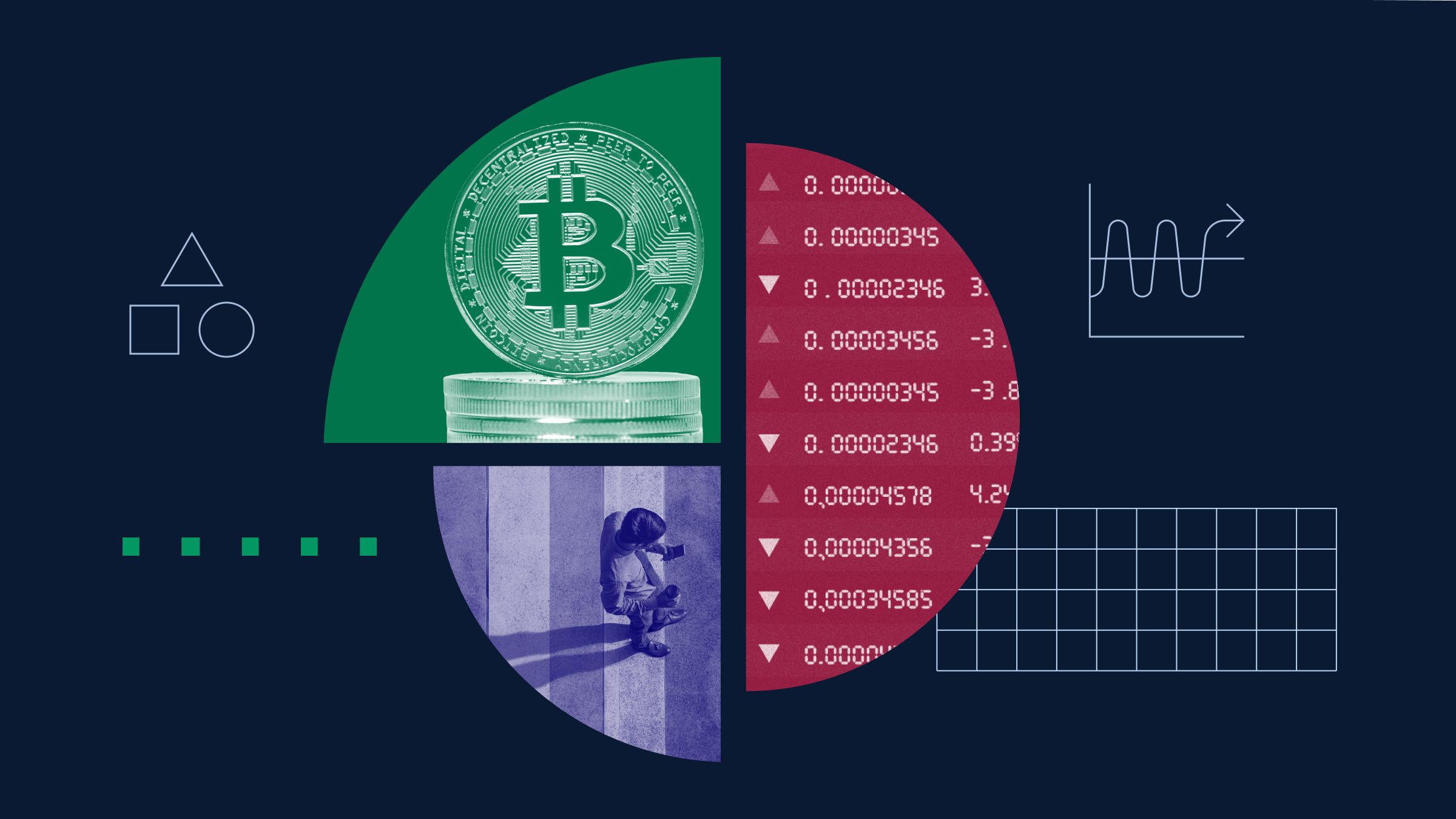 ollage illustration featuring Bitcoins, a ticker board, and an investor looking at their phone.