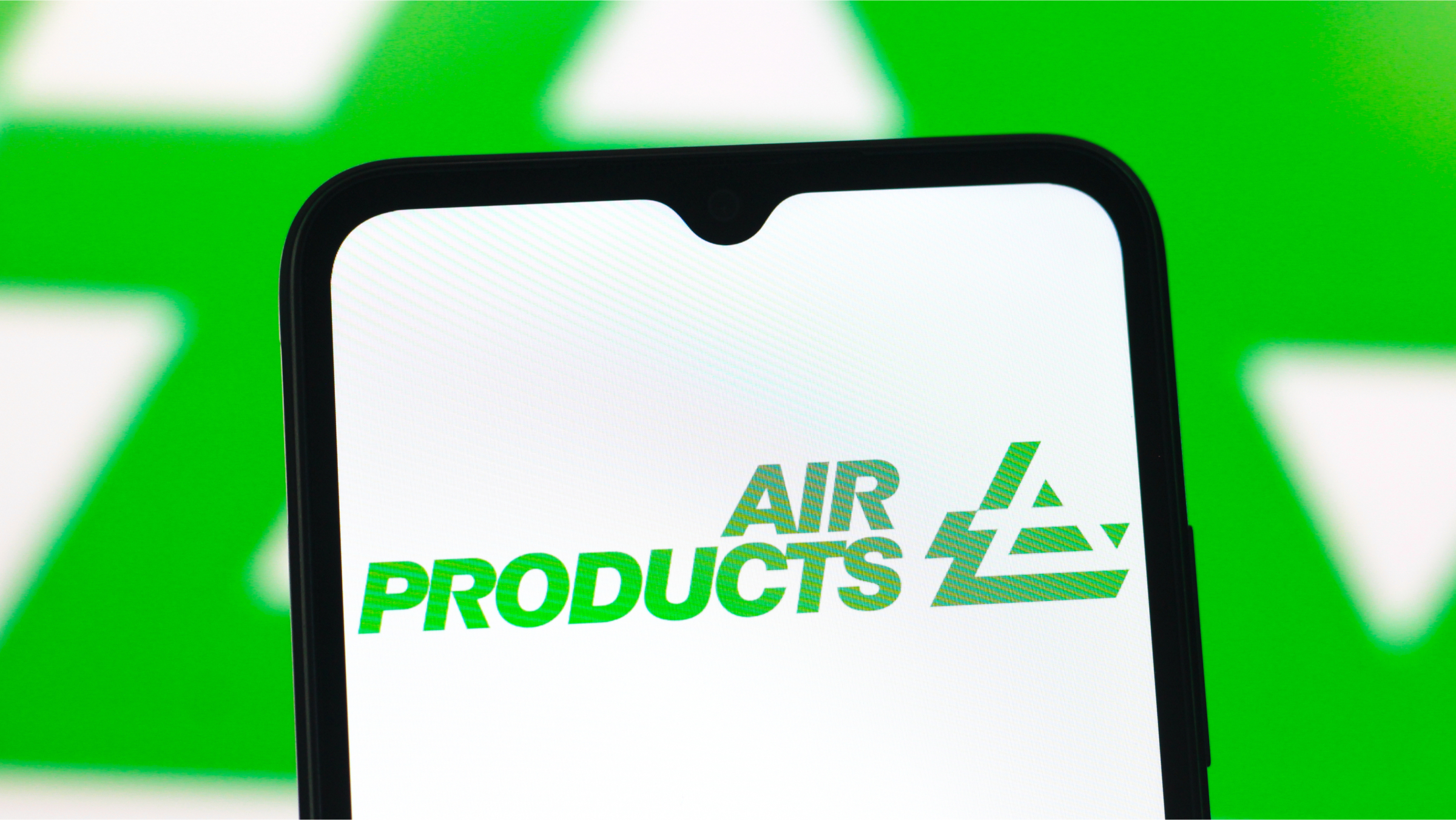 The Air Products and Chemicals logo is seen displayed on a smartphone screen.