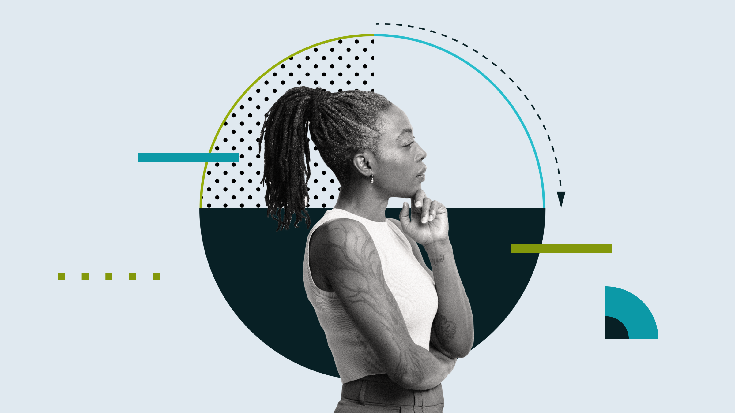 A woman in profile poses thoughtfully against a pie chart background.