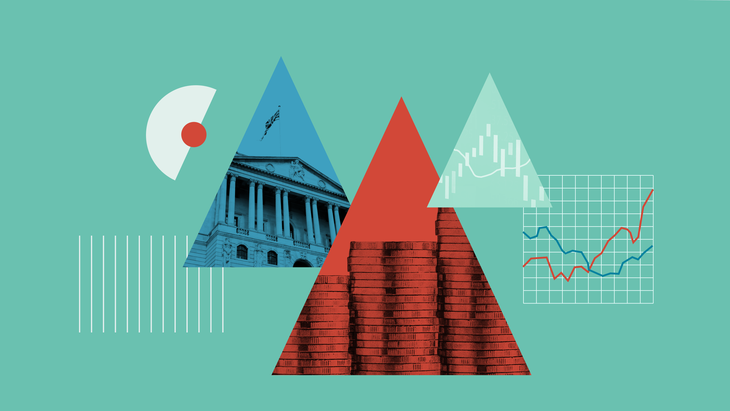 Collage illustration of three upward-pointing triangles, featuring the  Bank of England building, stacked coins, and a whisker graph.