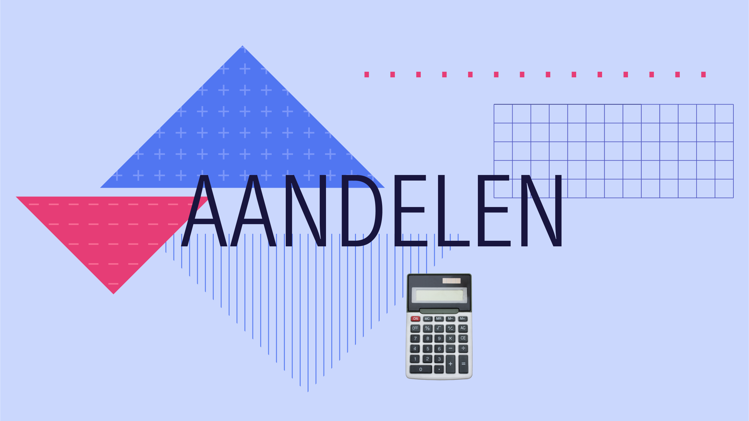 Collage illustration with the text &quot;Aandelen&quot; at the center and a calculator and graphical elements in the background.