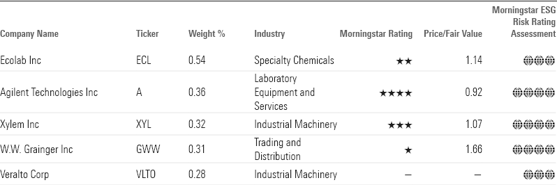 Table of stocks showing data of top 5 unique stocks in sustainable large-cap funds.