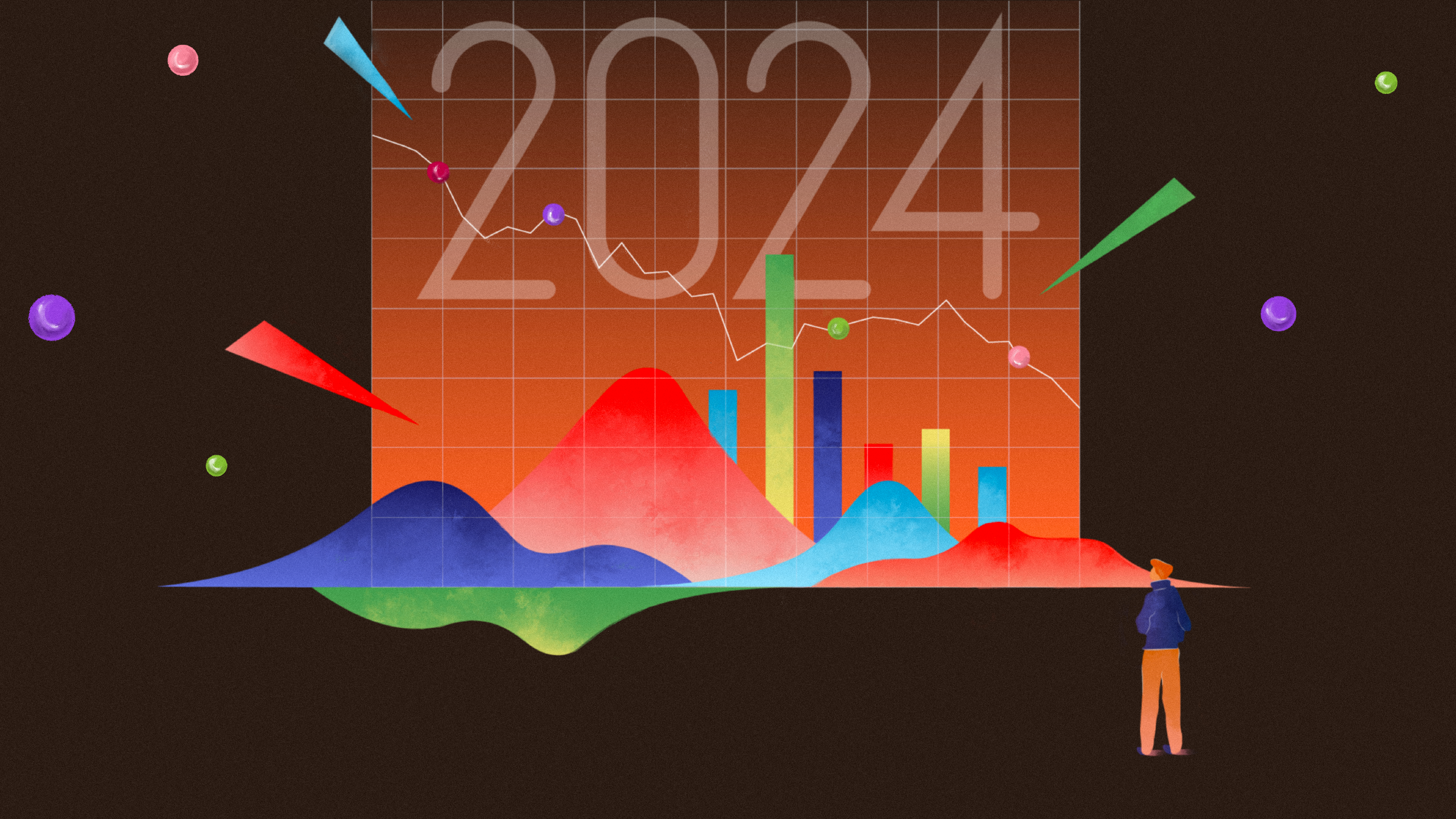 Illustration of graphical elements with the year &apos;2024&apos; at the center and a person looking into the distance