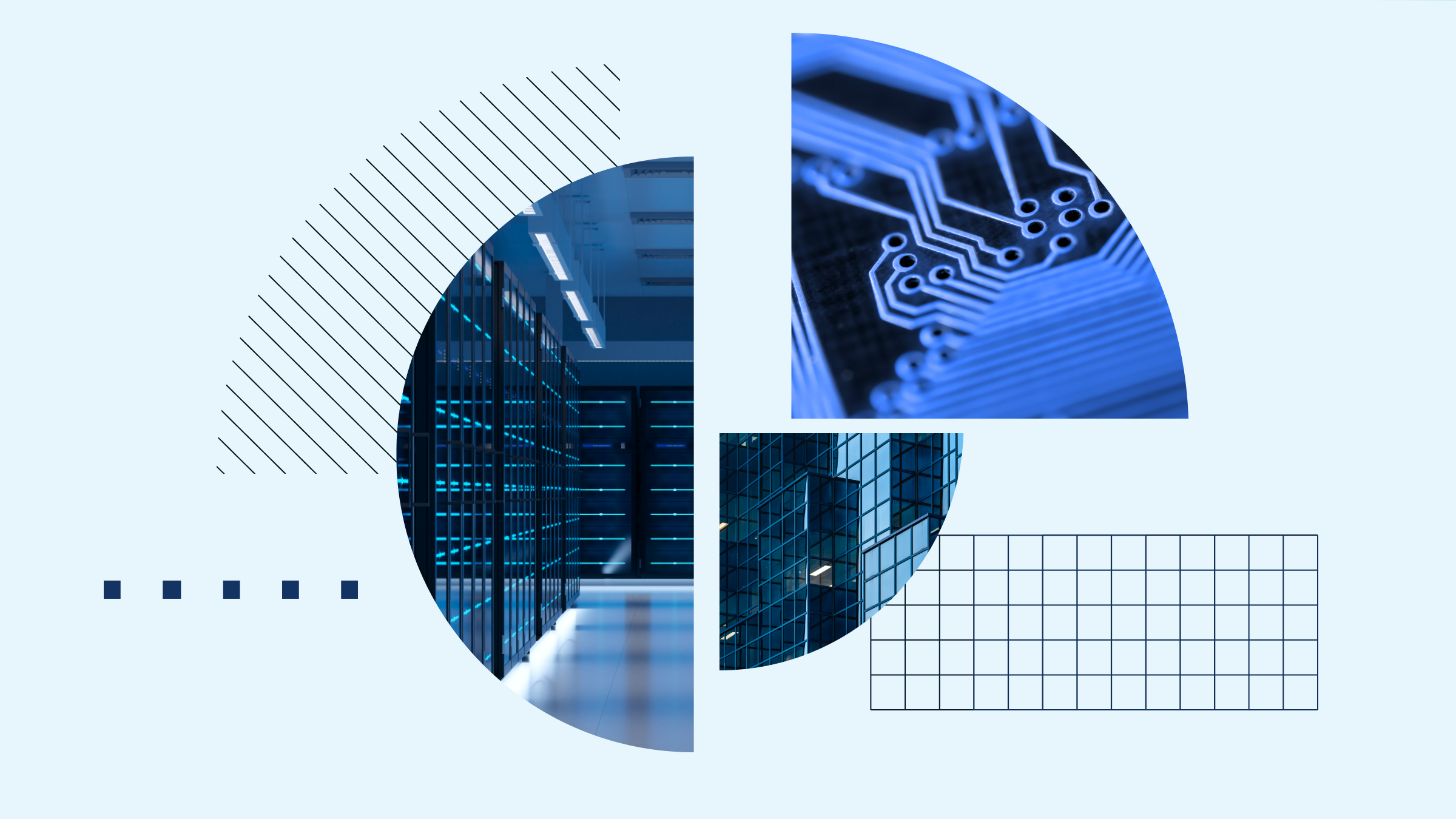 Collage-ilustración con un centro de datos, semicírculos y figuras en un diagrama de cuadro.