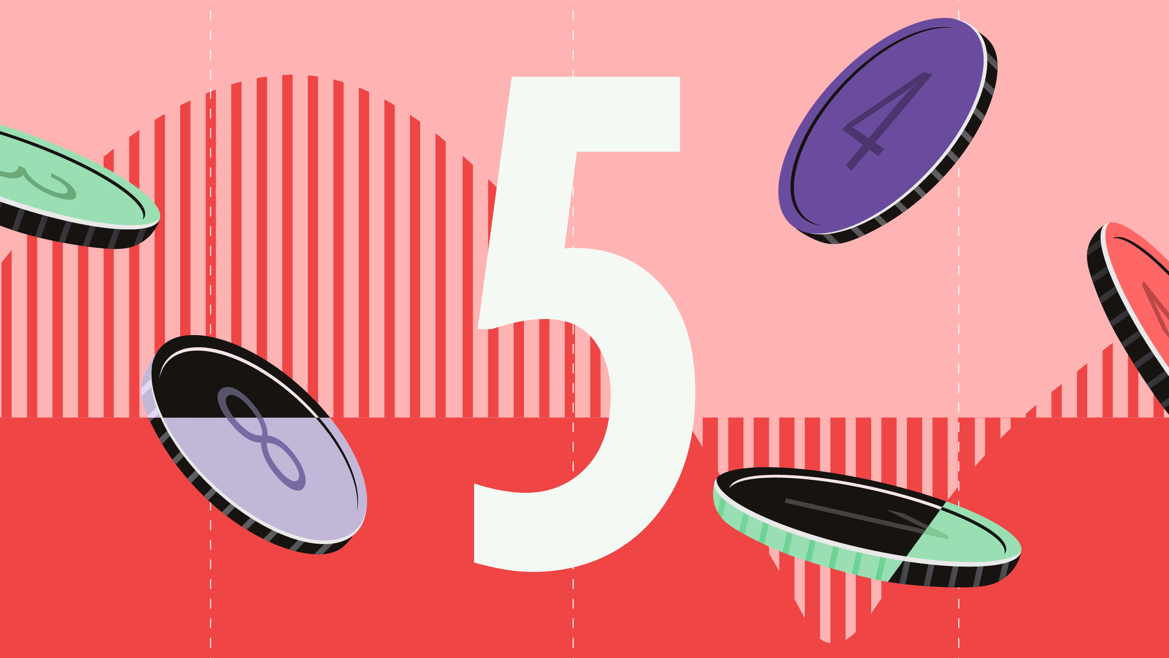 Collage-style illustration with '5' in the center, surrounded by floating coins and a background graph.