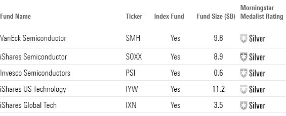 This table shows the top performing technology ETFs along with their fund size and Morningstar Medalist Rating.